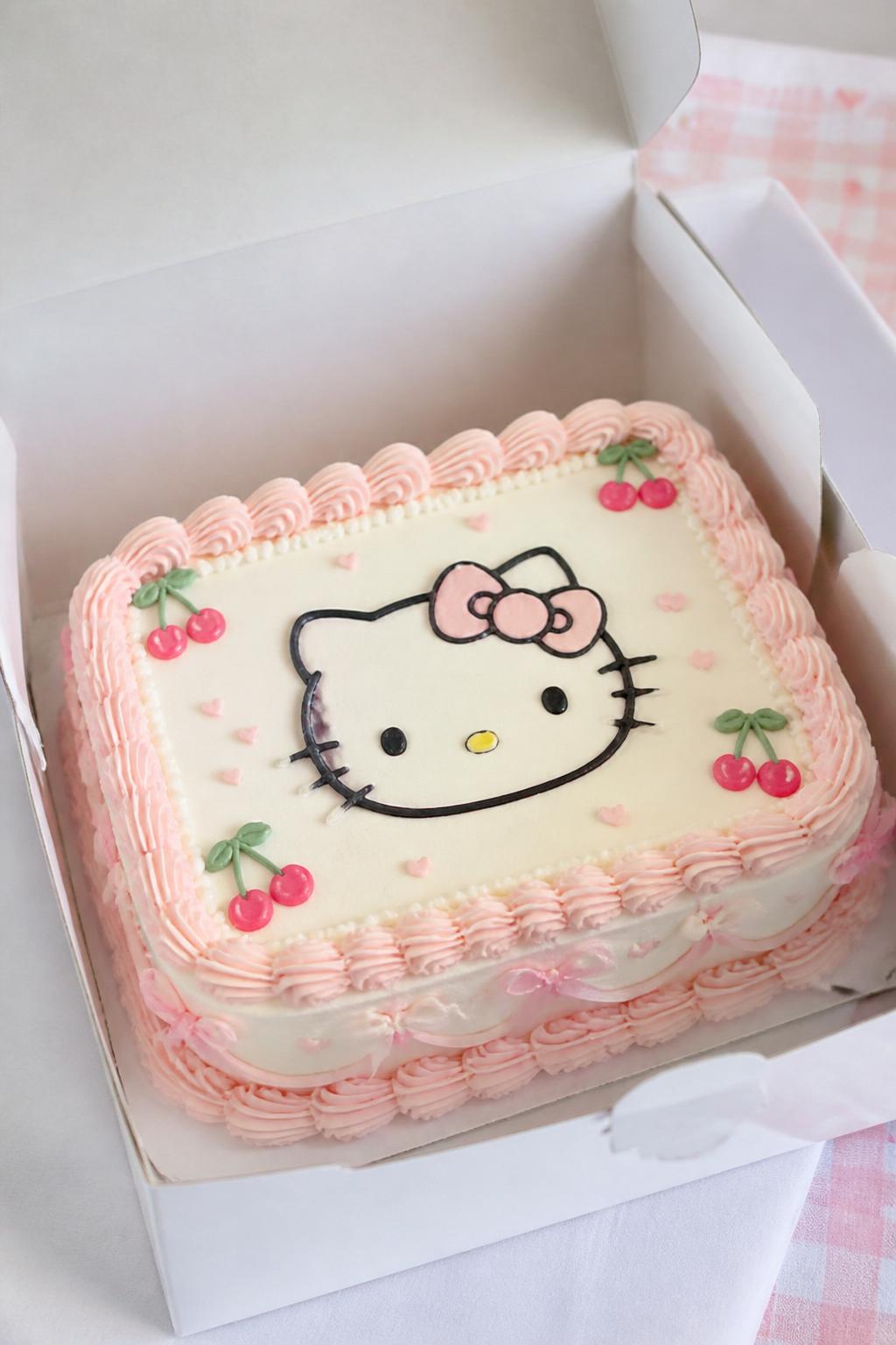 Image Prompt:
A cute Hello Kitty themed bento cake inside an open white cake box, soft white and pink frosting, small Hello Kitty face design on top, tiny cherry accents around the edges, neat piped border, playful pastel bakery styling, bright natural light, realistic close-up dessert photography, no people, no hands, no faces, no watermarks on images
