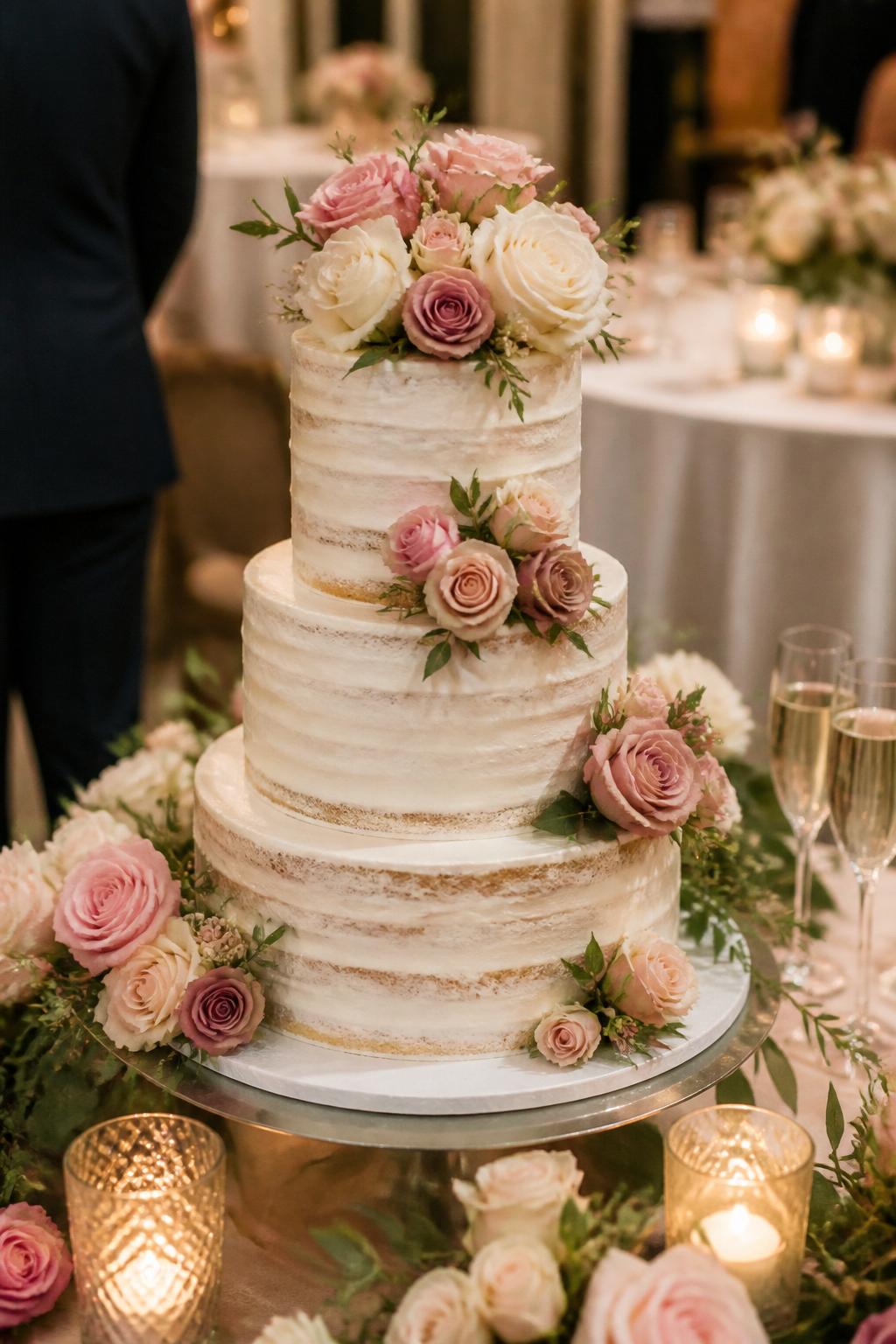 Image Prompt: Ultra-realistic wedding reception image featuring a semi-naked wedding cake with soft white frosting lightly scraped around the tiers, visible cake layers, and fresh roses arranged along the sides and top. Use blush, ivory, and dusty pink roses with small greenery details. Place the cake on an elegant wedding cake table with candles, florals, glassware, and a softly blurred reception background. No visible faces. If guests appear, show only neck-down figures, hands, or back views. Realistic frosting texture, fresh rose details, romantic DSLR wedding photography. (no watermarks on images)
