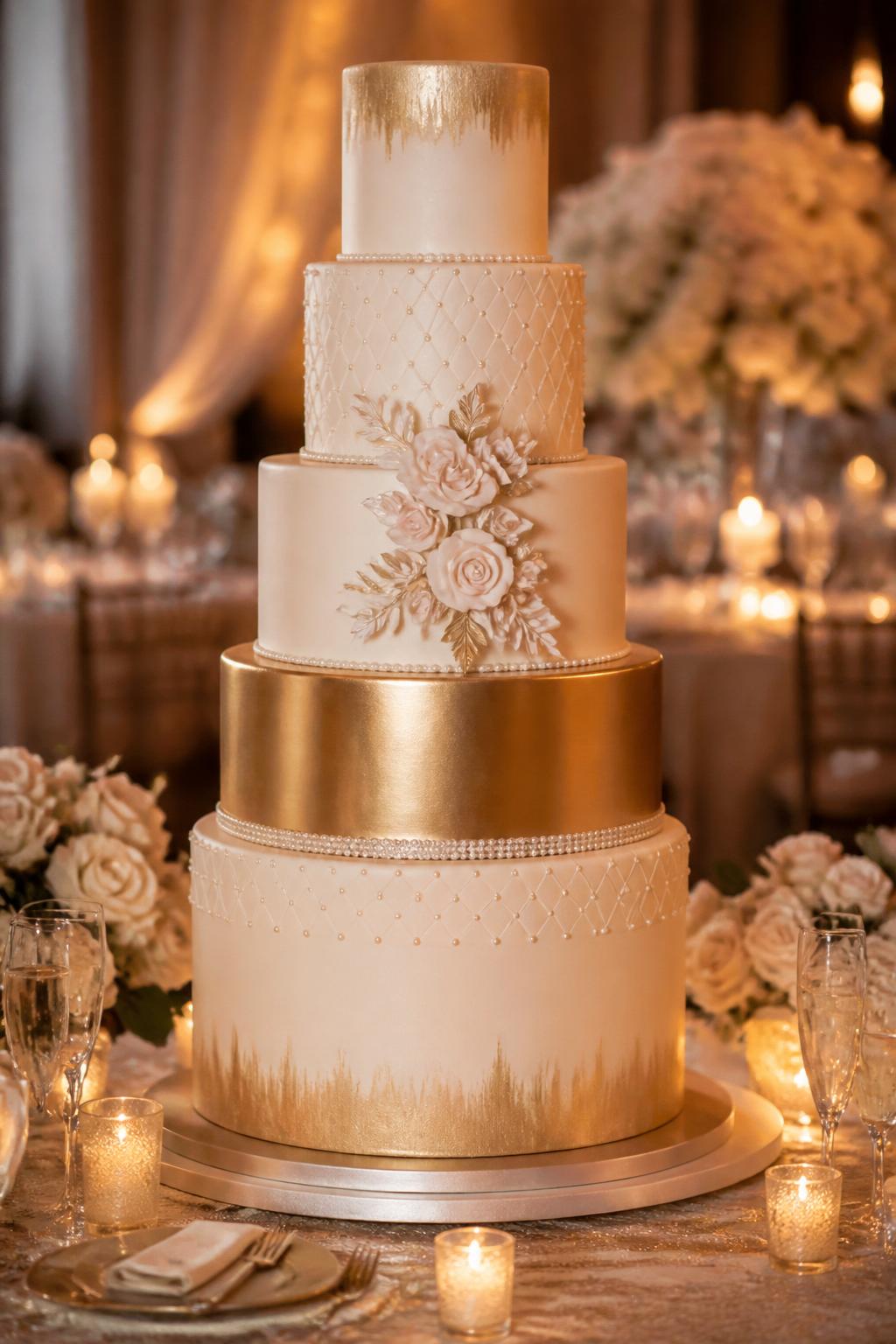 Image Prompt: Ultra-realistic wedding reception image of a tall metallic statement wedding cake with multiple elegant tiers, smooth icing, refined metallic accents in gold, silver, rose gold, copper, or champagne tones, floral details, pearl accents, and a polished luxury finish. Place the cake on a grand reception cake table with candles, floral centerpieces, champagne glasses, fine linens, and a softly blurred luxury wedding venue backdrop. Keep the cake as the main focus. No visible faces. If people appear, show only cropped hands, side views in blur, back views, or neck-down figures. Realistic cake height, smooth icing texture, balanced metallic shine, DSLR editorial wedding photography. (no watermarks on images)