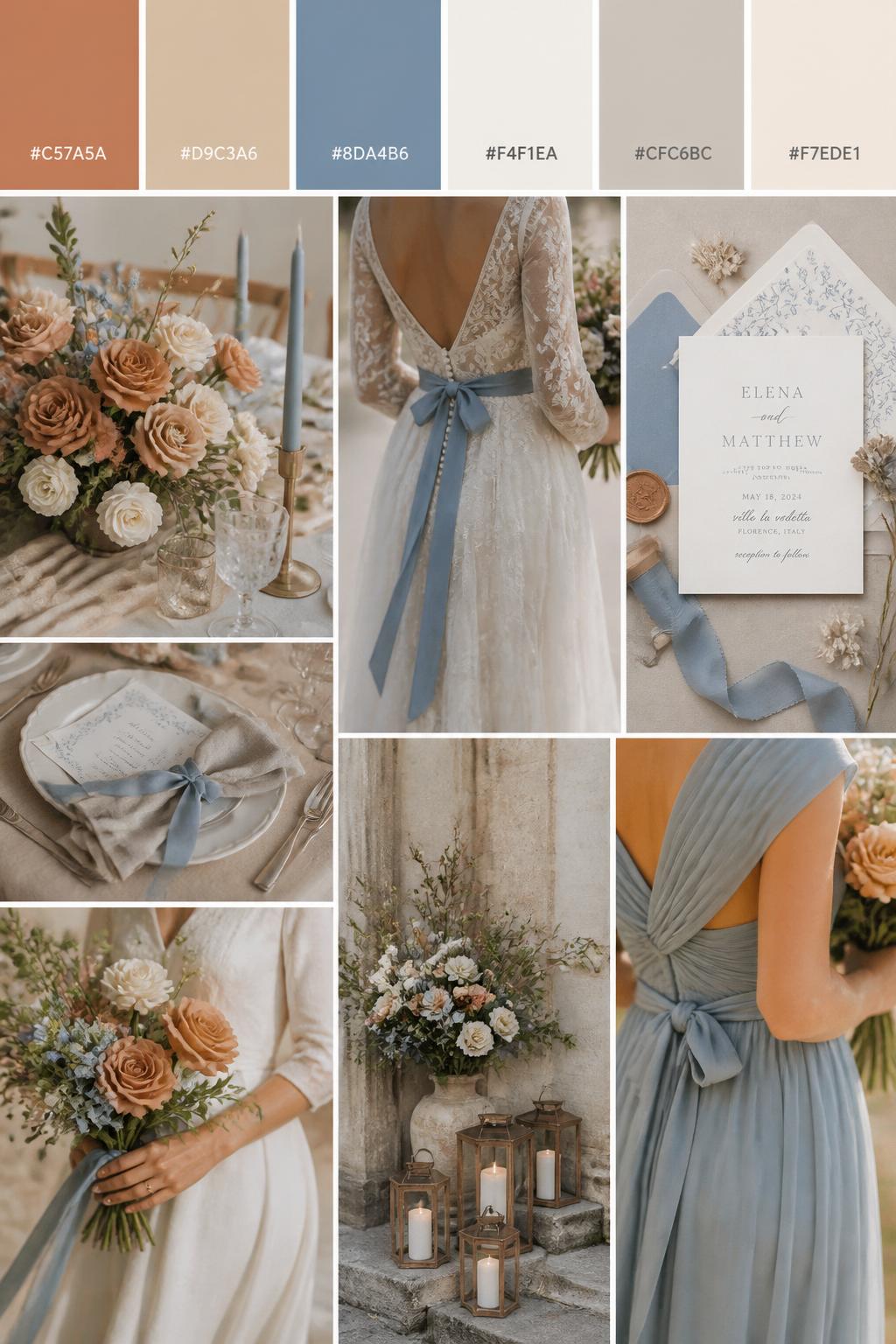 A realistic wedding inspiration collage with a top color strip showing hex-coded swatches in soft terracotta, beige, dusty blue, ivory, pale taupe, and warm cream. Below the palette strip, create a realistic wedding mood board with dusty blue ribbon details, terracotta flowers, beige linens, invitation flat lays, cropped dress detail shots, hands holding a bouquet, and no-people decor scenes in soft natural light. Use back views, side views, shoulder-down crops, and detail-only shots so no full faces are visible. The mood should feel calm, warm, and elegant with DSLR-style realism. 9:16 vertical format. (no watermarks on images)