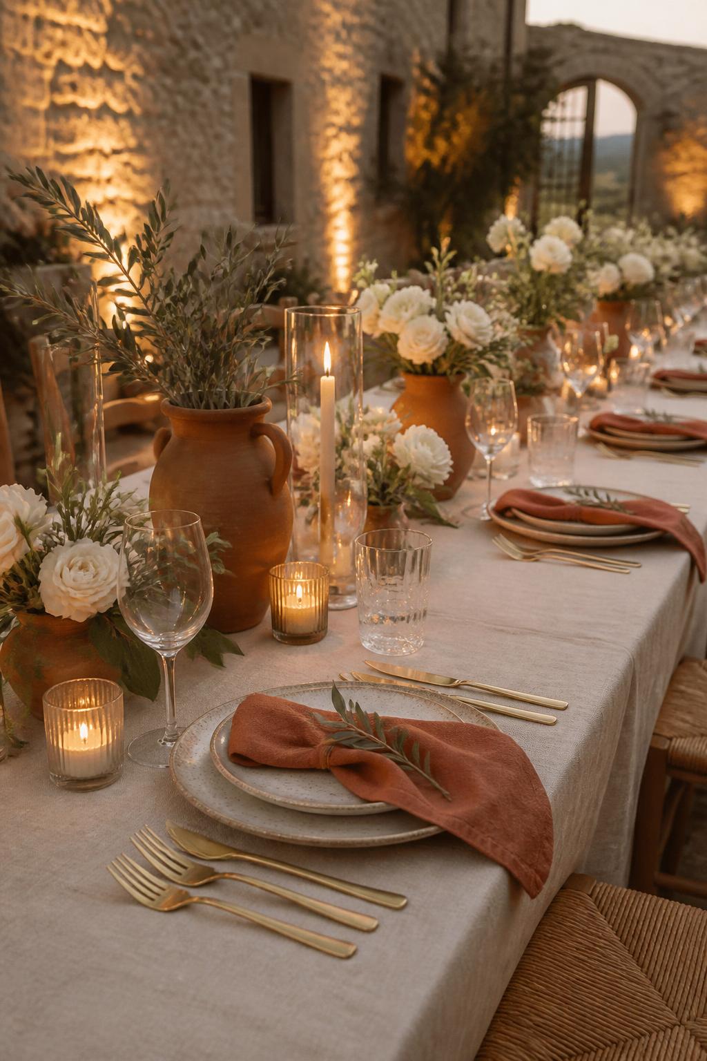 Image Prompt:
A Tuscan-inspired wedding reception table with warm neutral linen, terracotta napkins, ivory flowers, olive branches, clay vases, gold flatware, ceramic plates, and candlelight. Rustic Italian countryside venue with stone walls and warm evening light, no visible faces, no text, no watermark, realistic DSLR editorial photography, (no watermarks on images)