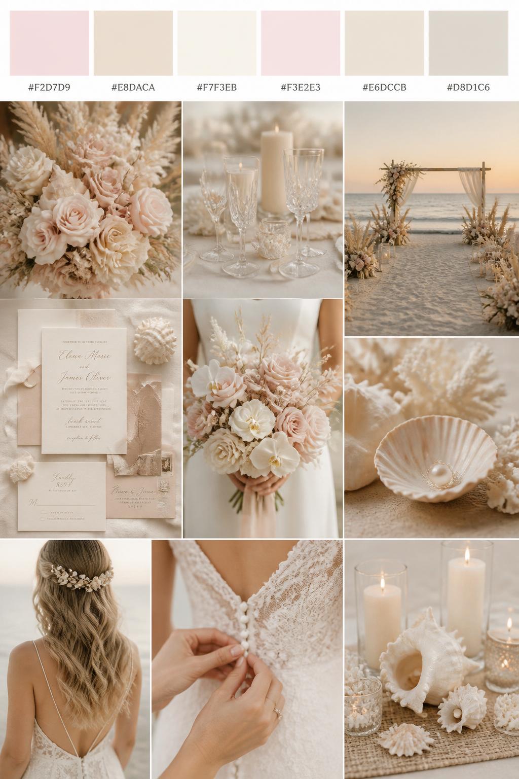 A realistic beach wedding color mood board in a vertical collage style. Add a top strip of palette swatches with hex codes in shell pink, champagne, ivory, soft blush, warm beige, and pale taupe. Below, show realistic wedding details like blush coastal flowers, champagne glassware, ivory candles, shell-textured decor, elegant invitations, a bouquet held in front of the body with no face shown, back-view bridal detail shots, and a warm no-people beach ceremony scene. Use no clear faces, with a mix of cropped body details, hands-only shots, and no-people styling scenes. The look should feel soft, romantic, elegant, and coastal with DSLR realism. 9:16 vertical format. (no watermarks on images)