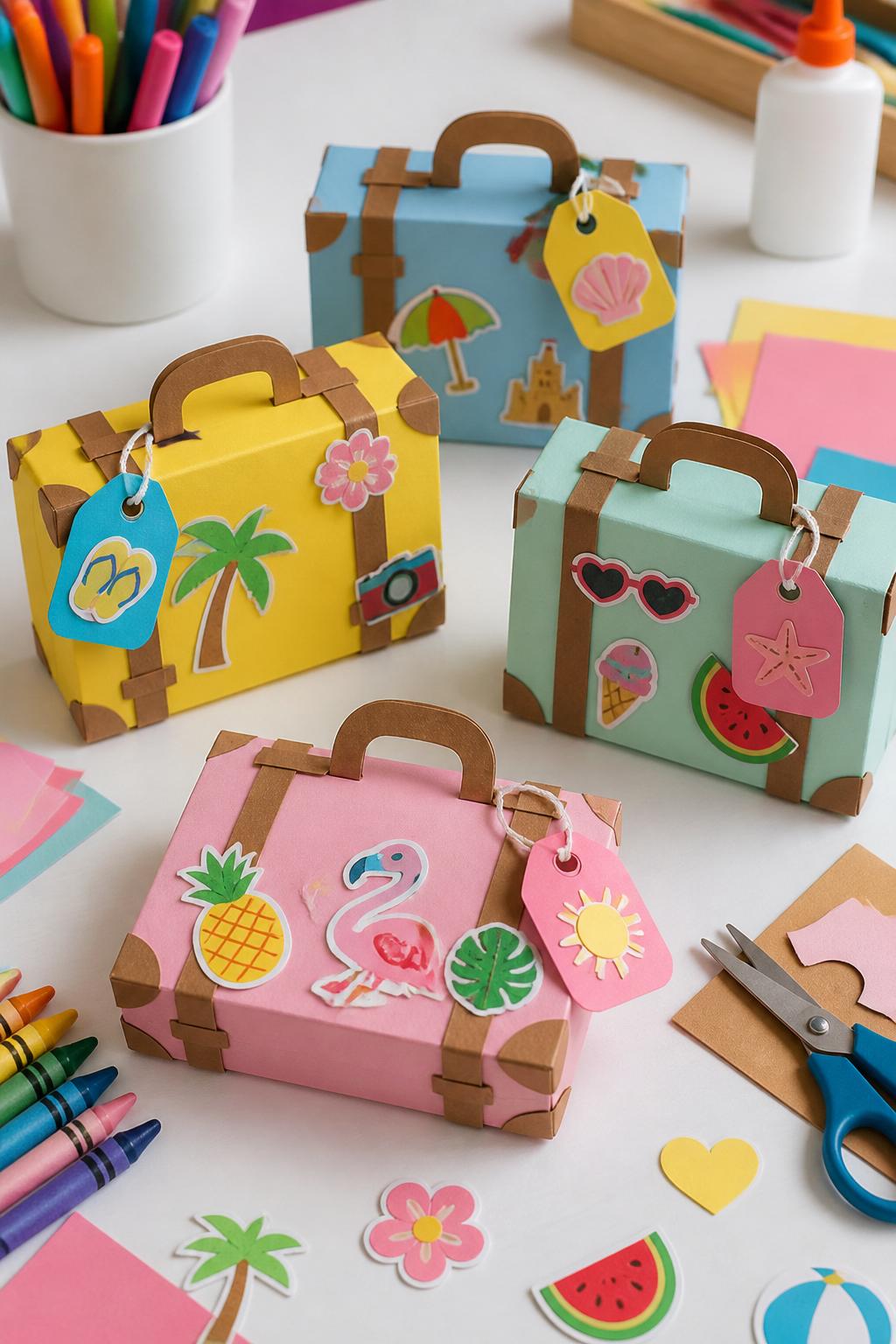 Detailed Image Prompt:
A playful kids’ craft photo showing handmade paper suitcase crafts, small folded cardstock suitcases decorated with summer stickers, paper luggage tags, beach icons, fruit shapes, tiny straps, and crayon details, placed on a white craft table with markers, glue, and paper scraps nearby, cute travel memory theme, no people, no faces, no readable text, no watermark on images.