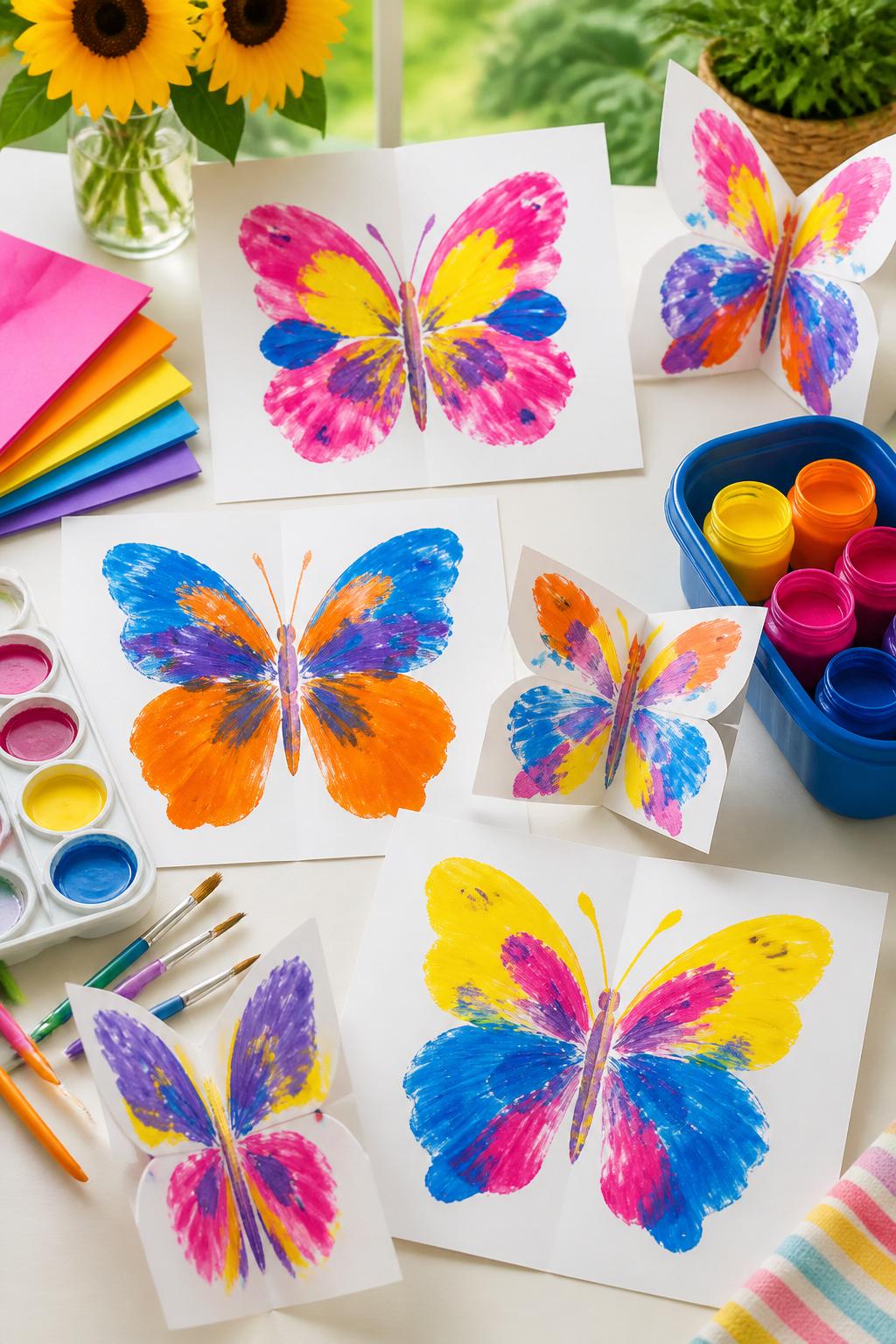 Detailed Image Prompt:
A bright kids’ summer art photo showing butterfly symmetry paintings, folded paper butterflies opened to reveal matching paint patterns in pink, yellow, blue, orange, and purple, washable paint, brushes, and folded papers on a clean table, colorful summer nature theme, no people, no faces, no readable text, no watermark on images.