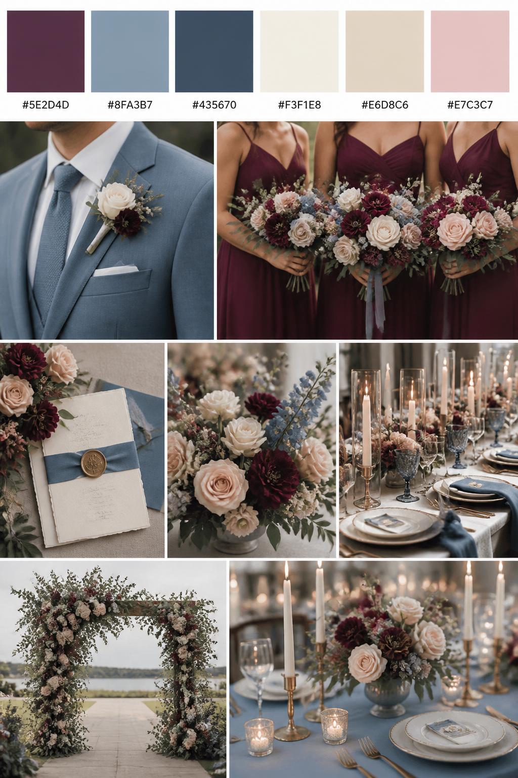 A realistic wedding mood board with a top row of color swatches and hex codes in mulberry, dusty blue, slate blue, ivory, beige, and soft blush. In the collage below, include dusty blue suit or table details, mulberry bridesmaid dresses, layered floral arrangements, classic invitations, elegant candlelit table styling, and a romantic floral ceremony setup. The overall look should feel balanced, stylish, and softly formal with DSLR-realistic photography. 9:16 vertical format. No extra text except small hex codes on the palette strip. (no watermarks on images)