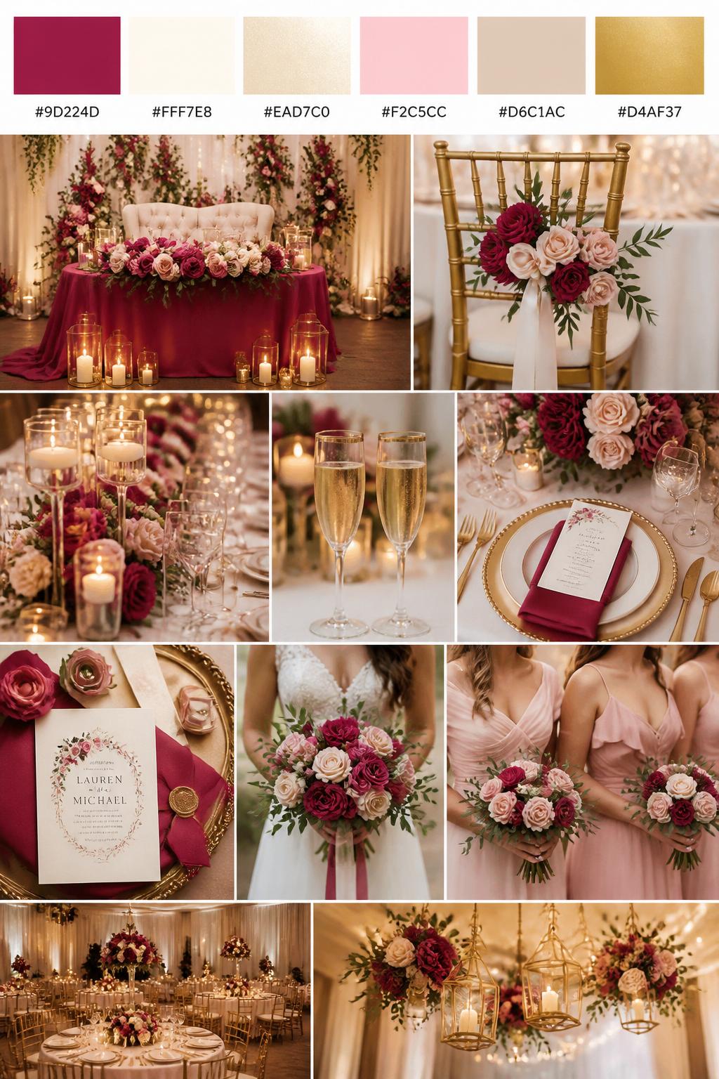 Image Prompt:
A realistic vertical wedding mood board with a top palette strip showing hex codes in raspberry, ivory, champagne, blush pink, warm beige, and soft gold. Below the swatches, show a romantic collage of a raspberry-themed sweetheart table, floral chair decor, candlelit table styling, champagne glassware, polished table settings, invitation styling, a bouquet held in front of the body with no face visible, cropped bridesmaid dress details, and warm reception decor. Use varied no-face compositions such as side views, back views, hand-held bouquet close-ups, and no-people tablescape shots. DSLR realism, Pinterest-style collage layout, 9:16 vertical format. (no watermarks on images)
