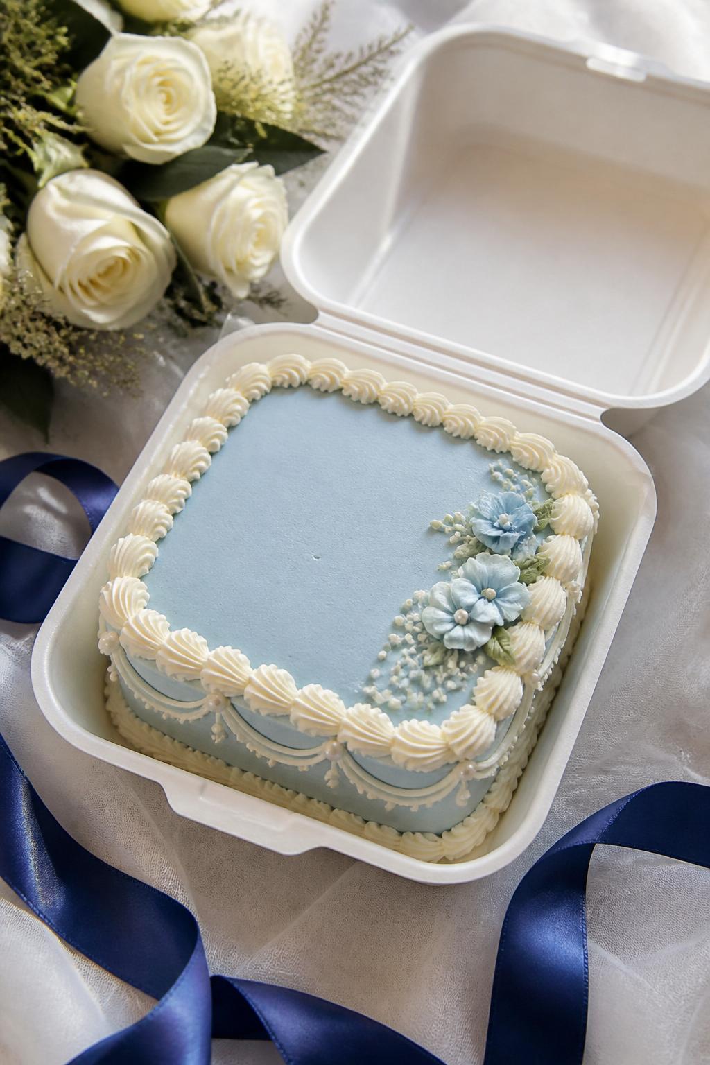 Image Prompt: A lovely blue and white bento anniversary cake with soft powder blue buttercream, white piped borders, tiny pearl details, and a small floral accent on one side. Place it in an open white cake box on a table with blue ribbon, white roses, and soft natural light. Make it look fresh, romantic, and realistic, no people, no faces, no text overlay, no watermark. (no watermarks on images)