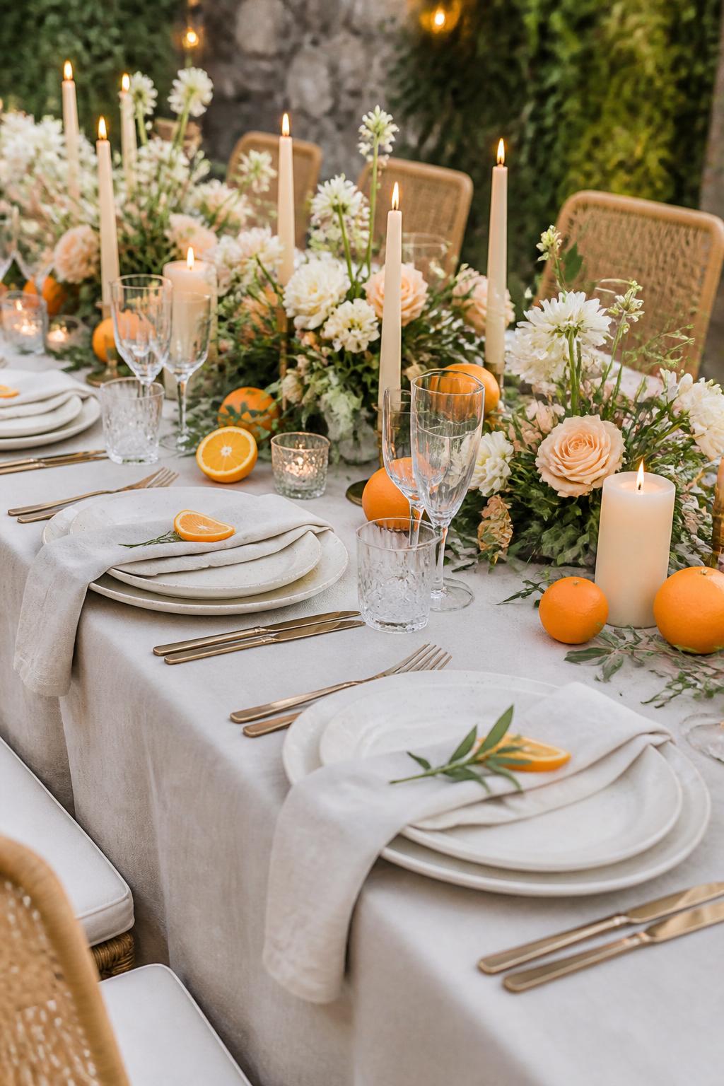 Image Prompt:
A creative wedding reception table styled with fresh orange slices, whole oranges, white flowers, peach blooms, greenery, ivory candles, ceramic plates, linen napkins, and clear glassware. Garden or outdoor wedding setting with soft natural light, no visible faces, no text, no watermark, realistic editorial photography, (no watermarks on images)