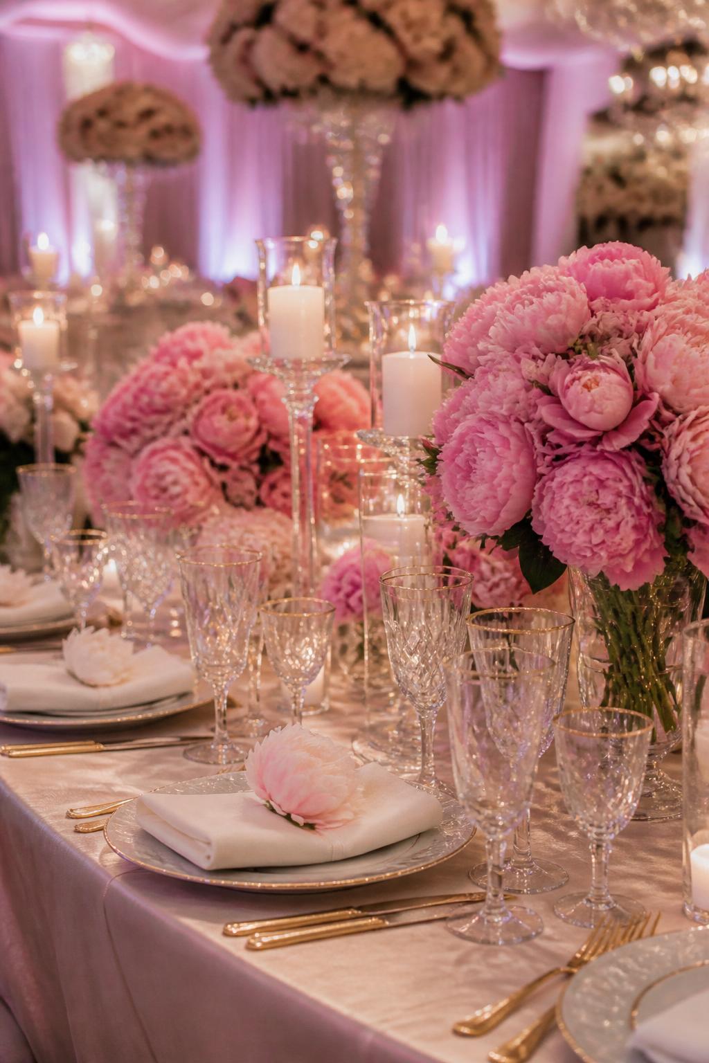 A luxury wedding reception table photo showing lush pink peony centerpieces, crystal candle holders, clear crystal glasses, white plates, ivory napkins, silver or gold flatware, and soft glowing reception lighting. Elegant ballroom or garden venue, no visible faces, no text, no watermark, realistic DSLR wedding photography, (no watermarks on images)