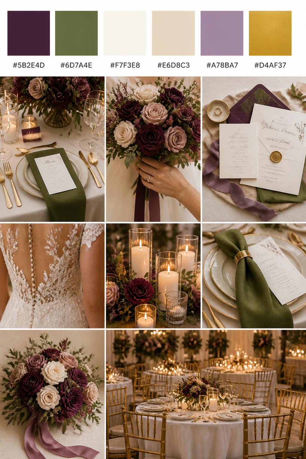 Image Prompt:
A realistic wedding palette board featuring a top row of color swatches and hex codes in plum, olive green, ivory, warm beige, muted mauve, and soft gold. Below, show a polished collage of wedding visuals: ivory table linens, plum flowers, olive napkins, gold flatware, cream candles, elegant paper goods, cropped dress detail shots, bouquet styling in hands-only composition, and no-people reception tables glowing in warm light. Avoid showing faces by using back angles, side crops, hands-only framing, and no-people scenes. The collage should feel warm, romantic, and wedding-ready with DSLR-quality detail. 9:16 vertical format. (no watermarks on images)