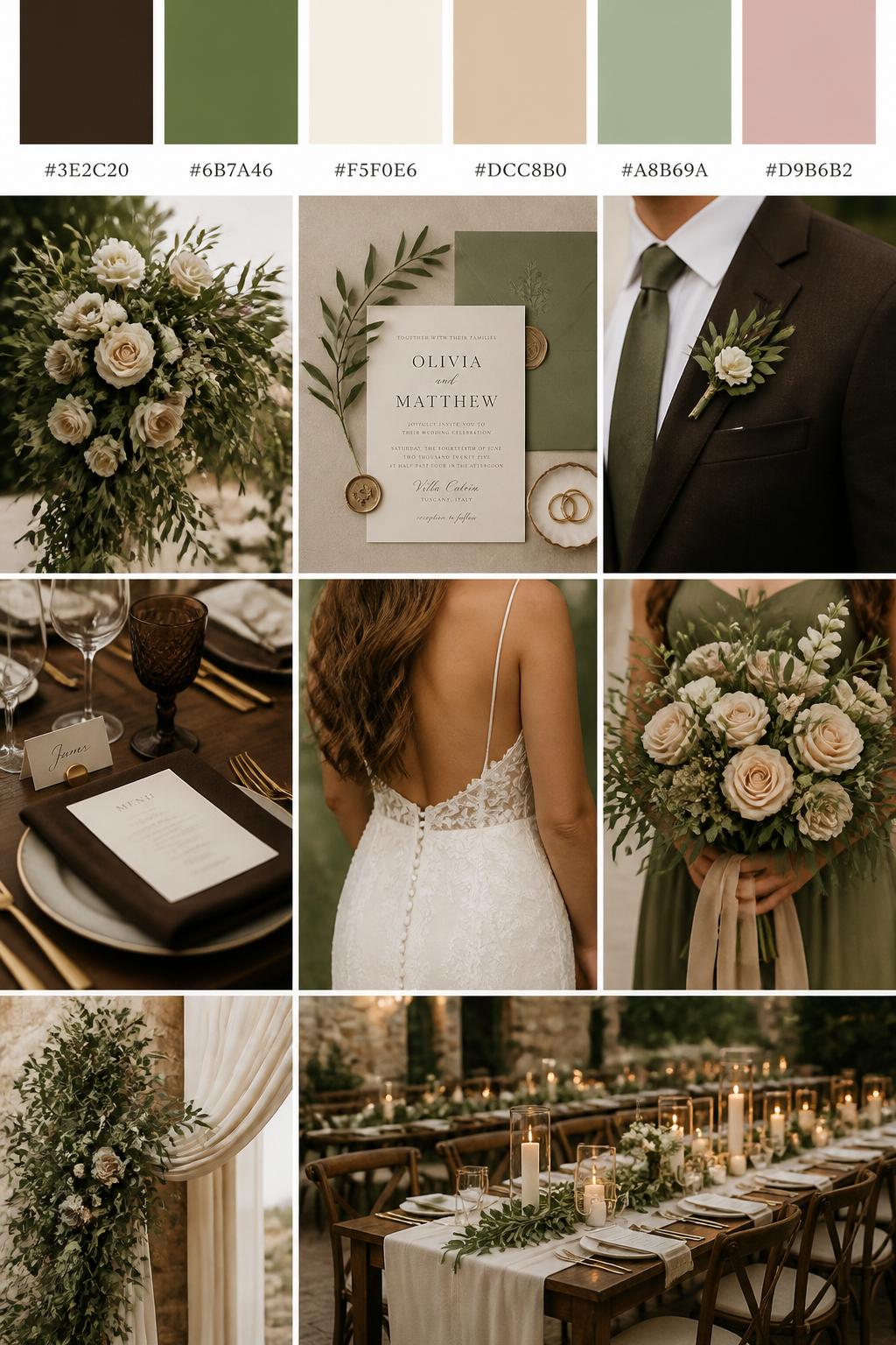 A realistic espresso wedding palette board with a top row of color swatches and hex codes in espresso brown, olive green, cream, warm beige, muted sage, and dusty blush. Below, show a polished collage of olive greenery, cream flowers, espresso table details, elegant paper goods, a groom suit detail with boutonniere and no visible face, cropped dress shots, bouquet styling in hands-only composition, and a romantic no-people reception table. Use no full faces, with side crops, back views, and no-people decor shots for variety. The mood should feel natural, warm, and elegant with true-to-life DSLR quality. 9:16 vertical format. (no watermarks on images)