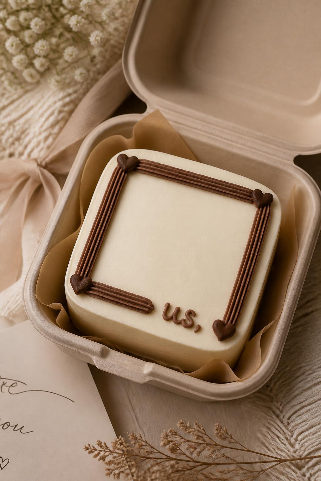Image Prompt:
A personalized boyfriend bento cake designed like a tiny edible photo frame, smooth cream frosting, piped rectangle frame in chocolate brown icing, small heart details in the corners, blank edible photo area left plain, icing text reading “us,” placed in an open kraft bento box, cozy romantic styling, soft warm lighting, realistic editorial dessert photography, no people, no hands, no faces, no watermarks on images