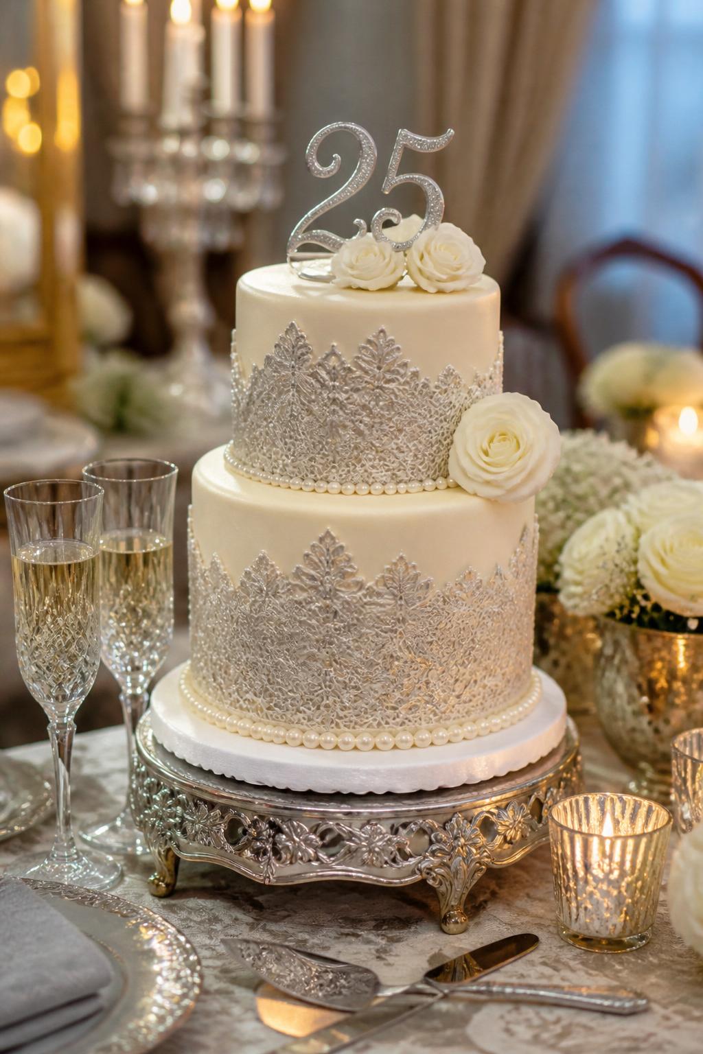 Image Prompt: Ultra-realistic 25th wedding anniversary party photo of a vintage lace silver anniversary cake with ivory tiers, lace-inspired icing detail, delicate piping, pearl accents, and soft silver touches. Place the cake on an elegant dessert table with candles, champagne flutes, antique-style decor, white roses, silver accents, fine linens, and warm indoor celebration lighting. Keep the cake sharp and detailed with the background softly blurred. No visible faces. If people appear, show only side views, back views, cropped hands, or neck-down figures. Realistic piped lace texture, romantic DSLR event photography, classy and believable. (no watermarks on images)
