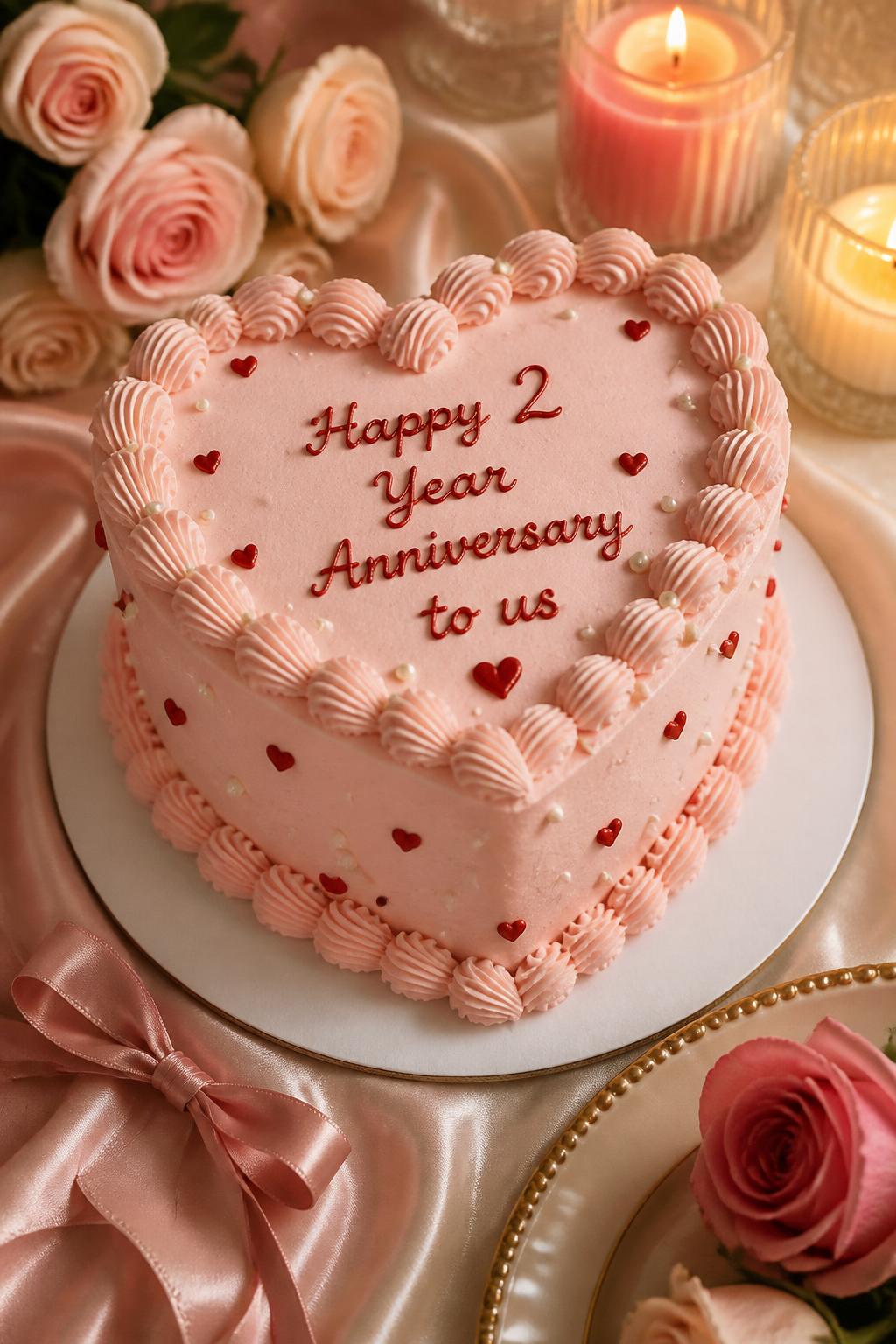 Image Prompt: A heart-shaped 2 year anniversary cake with pale pink buttercream, vintage shell piping, tiny white pearls, mini red hearts, and a sweet anniversary message on top. Style it inside a romantic setup with satin ribbon, blush roses, candles, and soft warm lighting. Make it look cute, feminine, and editorial, with realistic buttercream texture, no people, no faces, no watermark. (no watermarks on images)