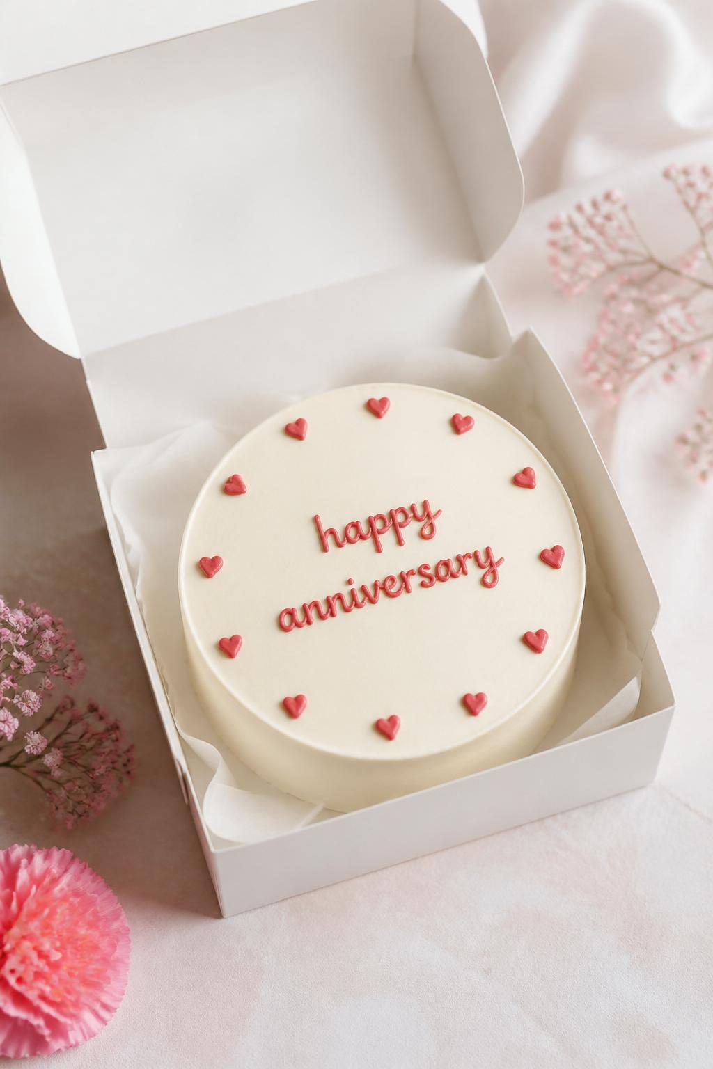 Image Prompt:
A cute anniversary bento cake inside an open white bento cake box, smooth cream frosting, tiny red buttercream hearts around the edges, simple handwritten icing text that says “happy anniversary,” clean minimal finish, romantic styling, soft natural light, pastel background, editorial bakery photography, realistic dessert styling, no people, no hands, no faces, no watermarks on images