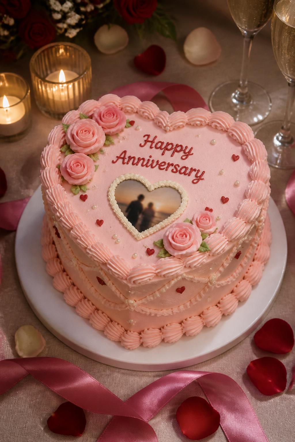 Image Prompt: A cute heart-shaped anniversary cake with pale pink buttercream, one small heart-shaped edible photo detail in the center, vintage shell piping, pearl dots, tiny red hearts, and blush roses. Style it on a romantic table with rose petals, satin ribbon, candles, and champagne glasses. Make the photo softly blurred with no clear visible faces, realistic buttercream texture, no people, no faces, no watermark. (no watermarks on images)