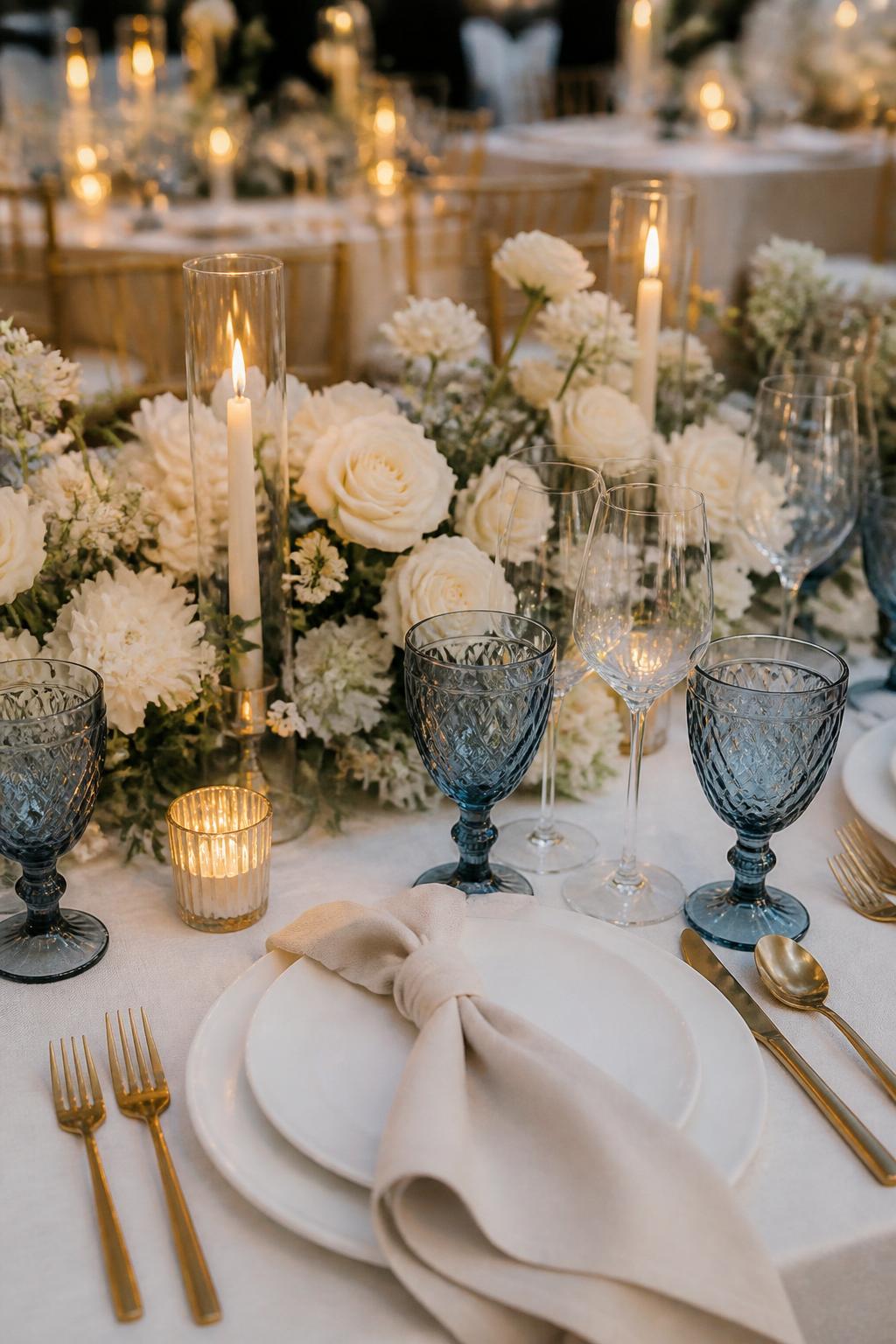 Image Prompt:
A stylish wedding table image showing blue-tinted glassware, white roses, ivory tablecloth, white plates, gold flatware, soft linen napkins, and warm candlelight. Elegant reception setting with a fresh romantic mood, no visible faces, no text, no watermark, professional DSLR wedding photography, (no watermarks on images)