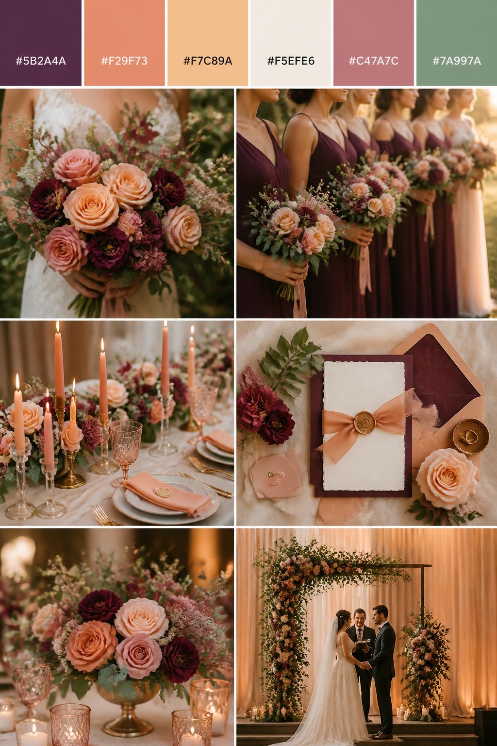 A romantic wedding color palette board with a top swatch strip and hex codes in mulberry, peach, soft apricot, cream, dusty rose, and sage green. The collage below should show fresh floral arrangements with peach and berry blooms, mulberry dresses, peach-toned details on the tablescape, invitation styling, soft candlelight, and a warm elegant ceremony scene. The mood should feel fresh, warm, and romantic with realistic DSLR photography and a Pinterest-worthy layout. 9:16 vertical format. No extra text except small hex codes on the palette strip. (no watermarks on images)