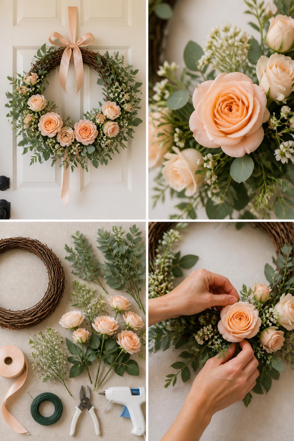Detailed Image Prompt:
A realistic editorial 2x2 collage grid showing a peach rose and greenery summer wreath, top-left finished wreath on a cream door with peach roses, soft green leaves, tiny white flowers, and a satin ribbon, top-right close-up of peach rose petals and small filler blooms, bottom-left flat lay of grapevine wreath base, faux peach roses, eucalyptus stems, white filler flowers, satin ribbon, floral wire, cutters, and glue gun, bottom-right cropped hands placing roses into a side cluster, soft summer entryway styling, no faces, no text, no watermark on images.