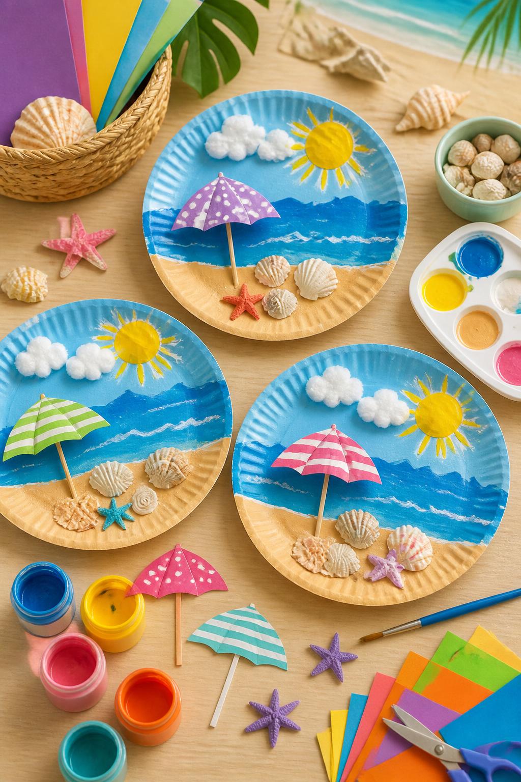 Detailed Image Prompt:
A colorful kids’ summer art photo showing paper plate beach scenes, plates painted with blue ocean, tan sand, yellow sun, paper umbrellas, tiny shell shapes, and cotton clouds, washable paints and cut paper pieces arranged nearby, clean craft table, sunny beach vacation mood, no people, no faces, no text, no watermark on images.