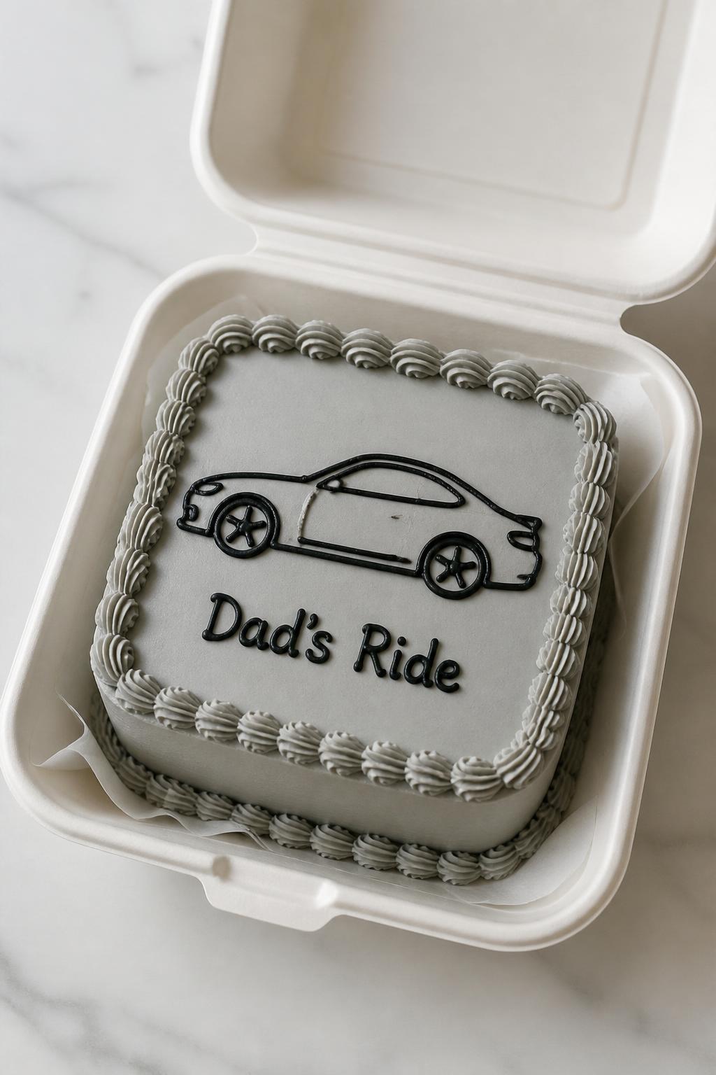 Image Prompt:
A Father’s Day car themed bento cake inside an open white cake box, smooth light gray frosting, simple black icing outline of a car on top, neat piped border, short icing text reading “Dad’s Ride,” clean modern styling, realistic close-up bakery photo, no people, no hands, no faces, no watermarks on images