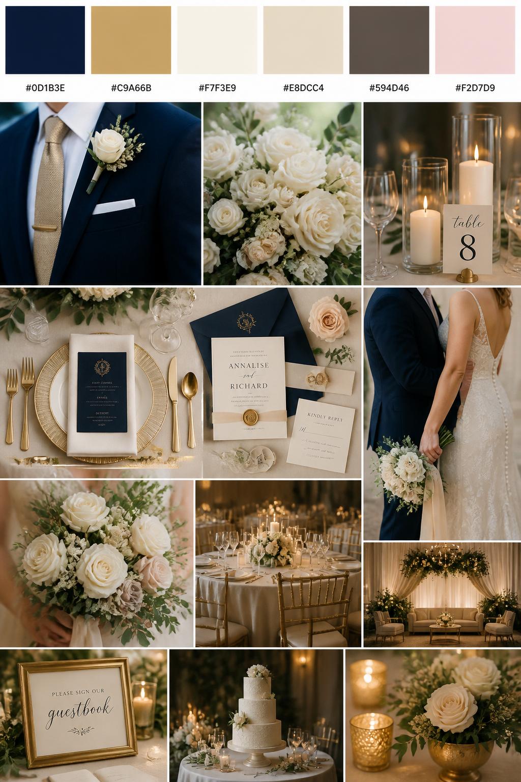 A realistic wedding palette mood board in a polished Pinterest collage layout. Include a top strip of color swatches with hex codes in navy blue, soft gold, ivory, champagne, deep taupe, and pale blush. Below, show a fresh collage with navy suit details, ivory flowers, gold flatware, candlelit table styling, invitation flat lays, a side-view cropped couple shot with no faces visible, bouquet close-ups, and softly lit elegant reception decor. Keep variety in the compositions with no full faces, using back views, hands-only images, and no-people styling scenes. The mood should feel formal, elegant, and warm with real DSLR photo quality. 9:16 vertical format. (no watermarks on images)