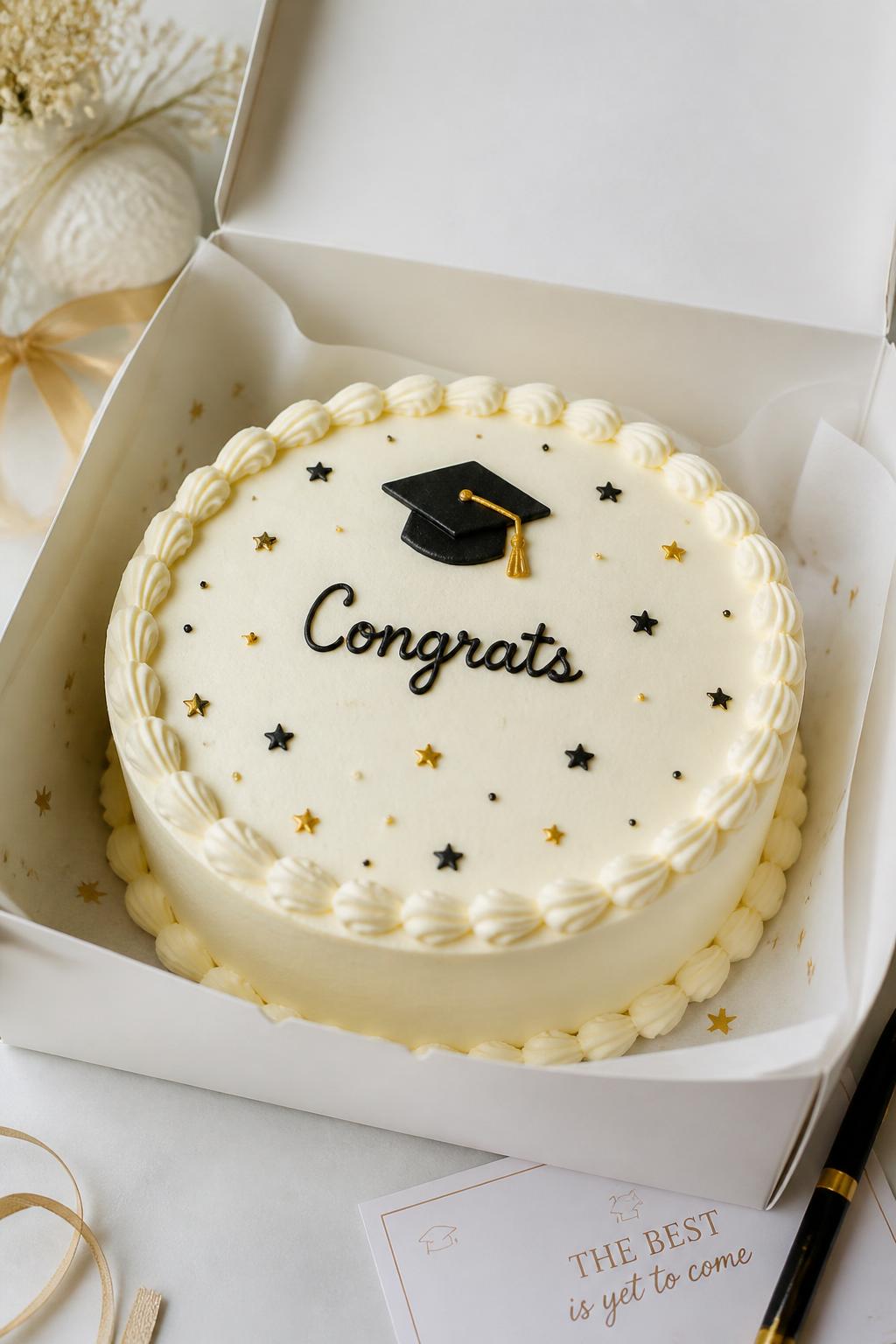 Image Prompt:
A festive graduation bento cake inside an open white bento cake box, smooth buttercream frosting, tiny gold and black star confetti details scattered across the top, neat piped border, short “congrats” message, clean celebratory styling, realistic editorial dessert photography, no people, no hands, no faces, (no watermarks on images)