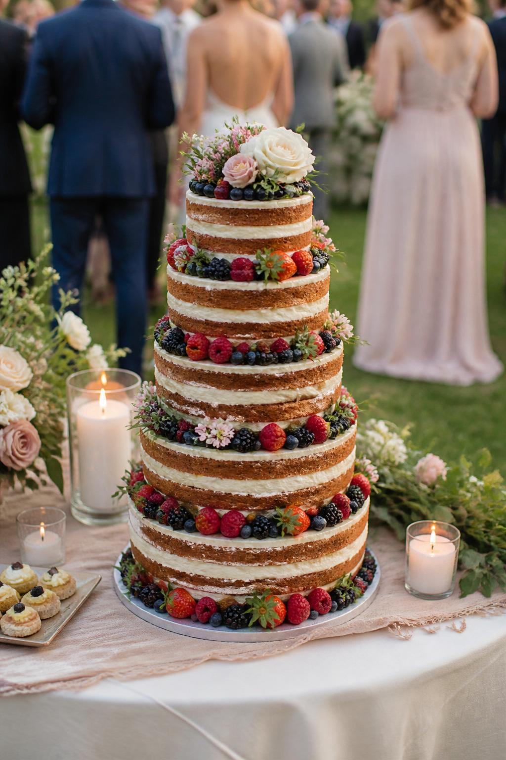 Image Prompt: Ultra-realistic wedding party scene featuring a tall naked wedding cake with visible vanilla sponge layers, cream filling, and fresh berries arranged on each tier. Include strawberries, blueberries, raspberries, and blackberries with a few small flowers and fresh greenery for a natural wedding look. Place the cake on a decorated dessert table at an outdoor garden wedding reception with soft floral arrangements, candles, table linens, and blurred guests shown only from the neck down or from behind. No visible faces. Realistic fruit texture, natural lighting, DSLR editorial wedding photo style. (no watermarks on images)