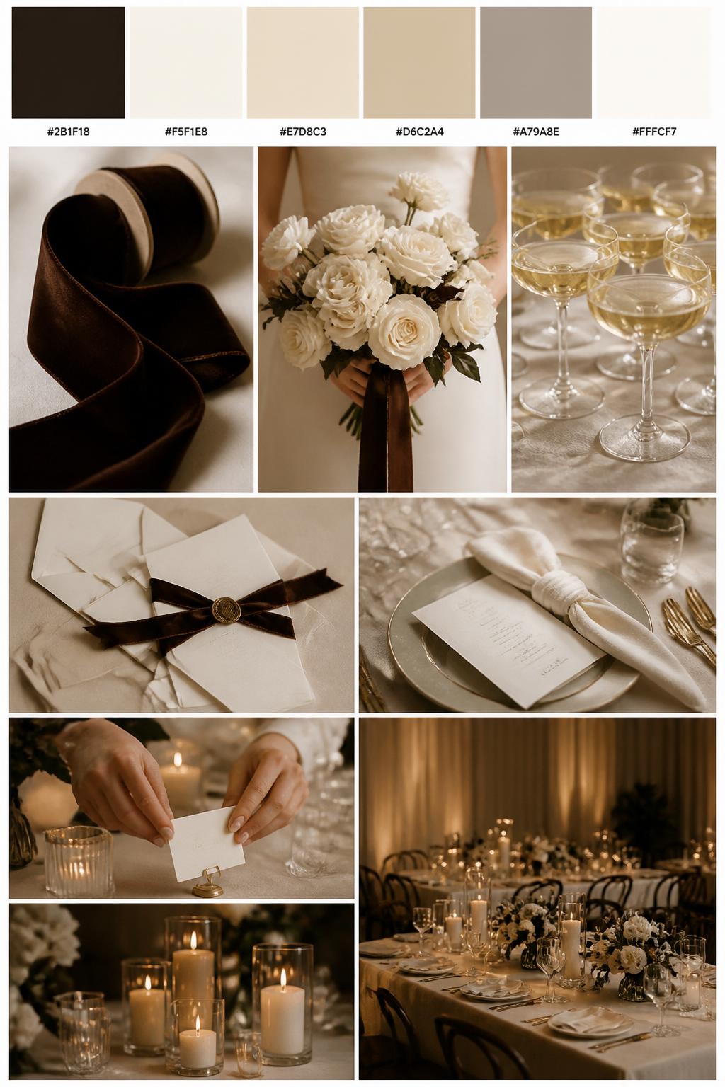 A realistic espresso wedding color palette mood board in a Pinterest-style collage layout. Add a top row of clean color swatches with small hex codes in deep espresso brown, ivory, champagne, warm beige, soft taupe, and creamy white. Below the swatches, create a polished collage of wedding details: espresso velvet ribbon, ivory roses, champagne glassware, cream table linens, elegant stationery, a bouquet held at waist level with no face visible, hands adjusting place cards, and a no-people candlelit reception table. Use side views, back views, cropped-from-neck shots, hands-only details, and no-people scenes to avoid showing faces. Soft warm light, DSLR-style realism, 9:16 vertical format. No extra text except small hex codes on the palette strip. (no watermarks on images)