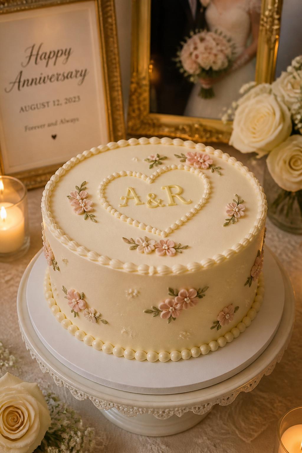 Image Prompt: A personalized anniversary cake with smooth ivory buttercream, piped couple initials inside a small heart frame, pearl borders, and tiny blush flowers. Style it on a romantic dessert table with framed wedding details blurred in the background, candles, and cream roses. Make it personal, elegant, and realistic, no people, no faces, no watermark. (no watermarks on images)
