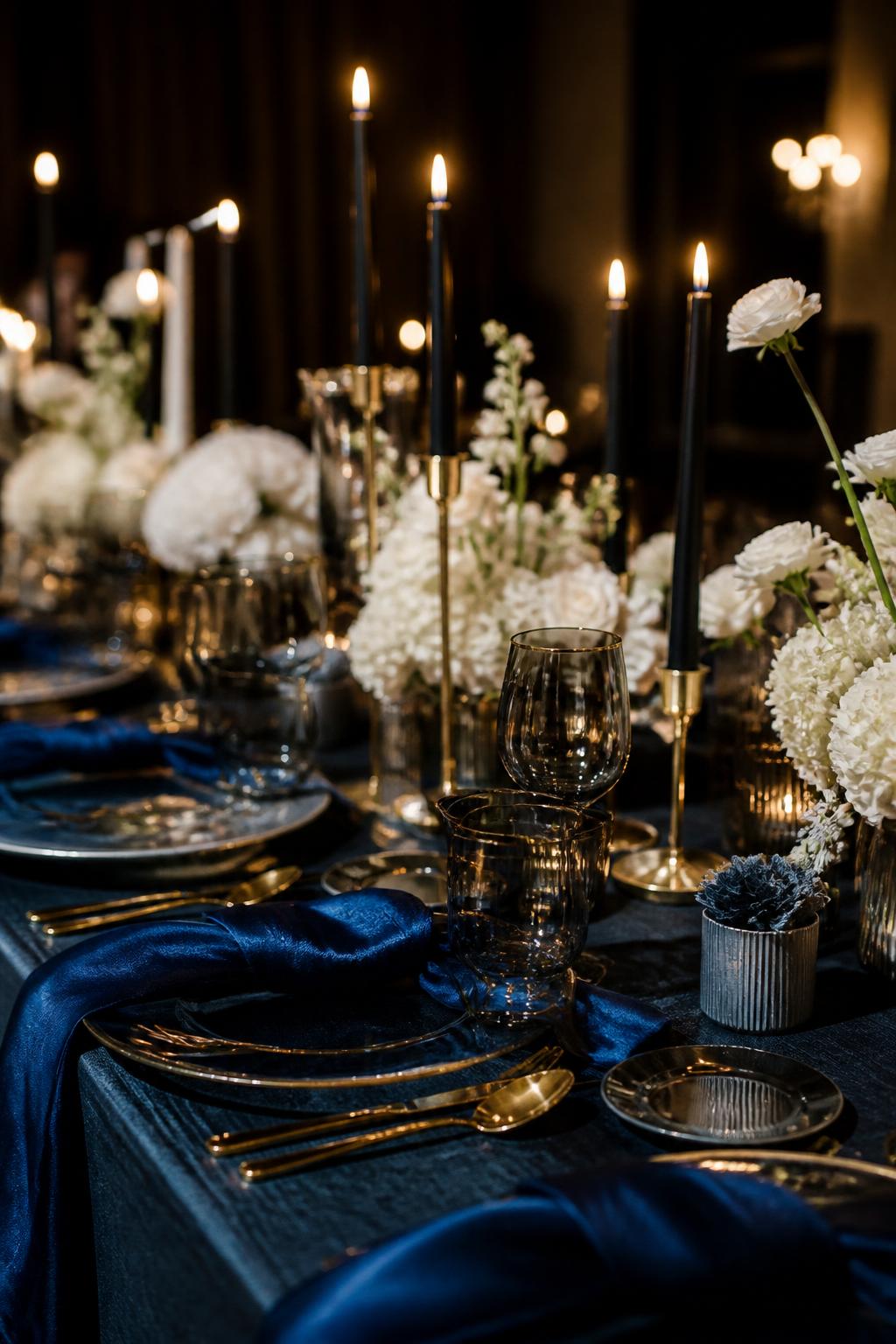 Image Prompt:
A dramatic editorial wedding table photo showing deep blue napkins or a dark blue runner, black taper candles, white flowers, smoky glassware, gold flatware, and warm low lighting. Elegant evening wedding reception setting, no visible faces, no text, no watermark, realistic DSLR photography, (no watermarks on images)