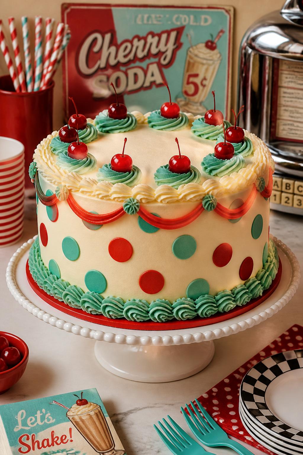 Detailed Image Prompt:
A retro-inspired polka dot cake with a buttercream base in soft cream, bold red and teal polka dots, vintage piped borders, cherry accents on top, styled on a diner-inspired dessert table with nostalgic party decor, realistic editorial cake photography, no people, crisp details, no watermarks on images.