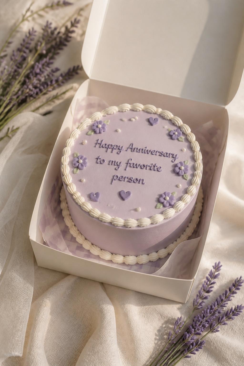 Image Prompt: A soft lavender bento anniversary cake with pale purple buttercream, white piped borders, tiny lavender flowers, pearl dots, and a small romantic message on top. Place it inside an open white cake box with lavender sprigs, cream linen, and soft daylight. Make it romantic, gentle, and realistic, no people, no faces, no watermark. (no watermarks on images)