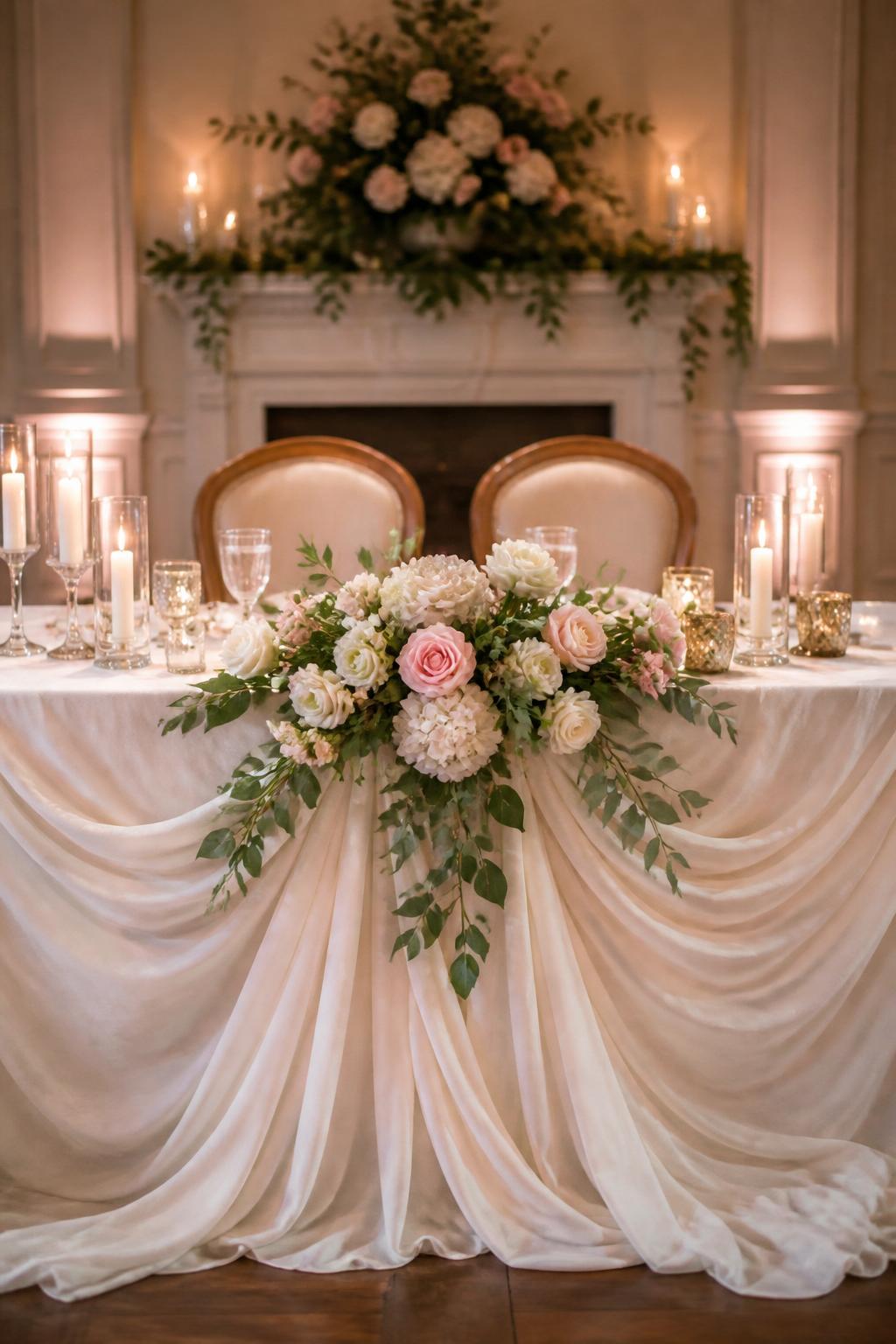 Image Prompt:
A beautiful wedding sweetheart table with soft draped ivory or champagne linen flowing over the front, finished with a floral swag in the center. Include blush and white flowers, greenery, candles, and elegant chairs. Warm romantic reception setting, no visible faces, no full people, no text, realistic wedding magazine photography, (no watermarks on images)