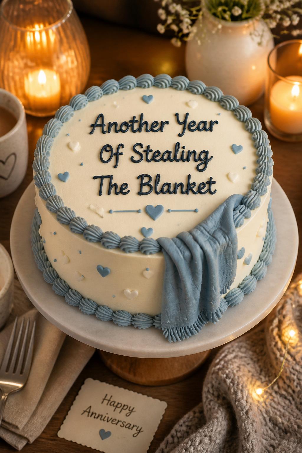 Image Prompt: A playful couple anniversary cake with smooth cream buttercream, piped lettering that says “Another Year Of Stealing The Blanket,” tiny blanket-inspired fondant folds, heart accents, and soft blue piping. Style it on a cozy dessert table with candles, folded linen, mugs, and warm home lighting. Make it cute, funny, realistic, and polished, no people, no faces, no watermark. (no watermarks on images)