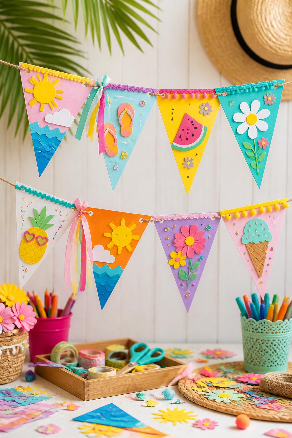 Detailed Image Prompt:
A cute summer craft photo showing handmade memory flags, triangle cardstock pennants decorated with paper suns, flowers, fruit, beach waves, stickers, ribbon edges, and colorful doodles, strung together on twine above a craft table, bright seasonal keepsake style, no people, no faces, no readable text, no watermark on images.