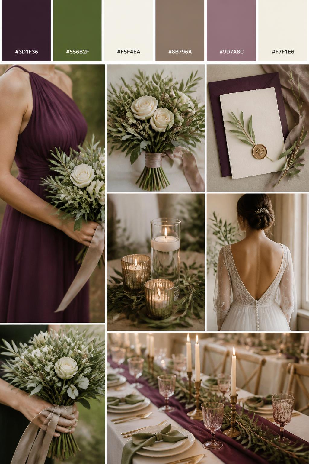 Image Prompt:
A realistic plum and olive wedding color palette mood board in a Pinterest-style collage layout. Add a top row of clean color swatches with small hex codes in deep plum, olive green, ivory, warm taupe, dusty mauve, and soft cream. Below the swatches, create a polished collage of wedding details: plum bridesmaid dress fabric cropped from the neck down, olive greenery bouquets with cream flowers, silk ribbon, elegant stationery, warm candles, a back-view bridal detail, hands holding a bouquet, and a no-people reception table with plum and olive accents. Use side views, back views, cropped detail shots, hands-only styling, and no-people scenes to avoid showing faces. Soft natural light, romantic wedding styling, DSLR-style realism, 9:16 vertical format. No extra text except small hex codes on the palette strip. (no watermarks on images)