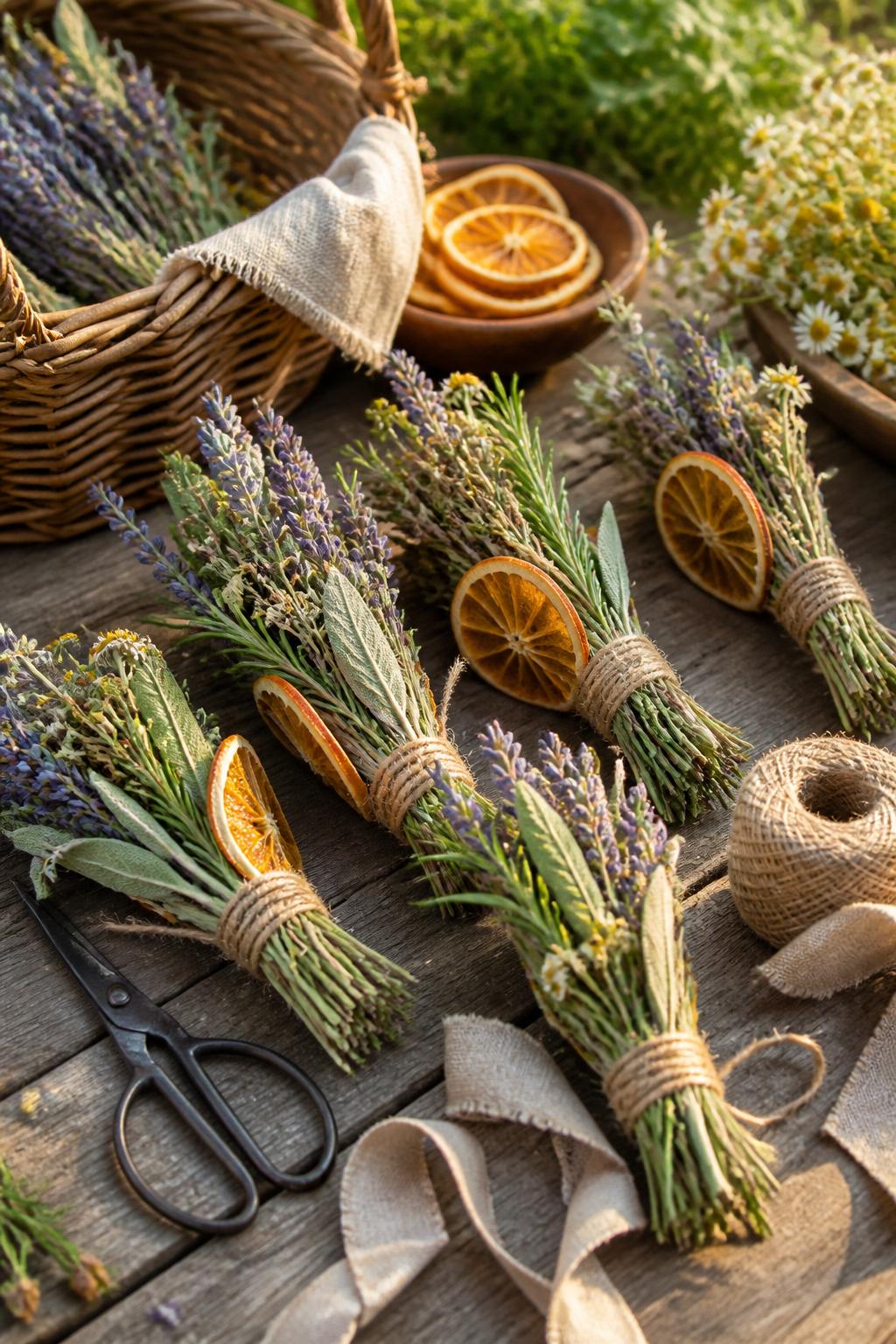 Detailed Image Prompt:
A natural summer solstice craft photo showing small herbal bundles made with dried lavender, rosemary, chamomile, sage leaves, dried orange slices, and twine, arranged on a rustic wooden table with scissors and linen ribbon nearby, warm golden sunlight, garden-inspired seasonal craft styling, no people, no faces, no readable text, no watermark on images.