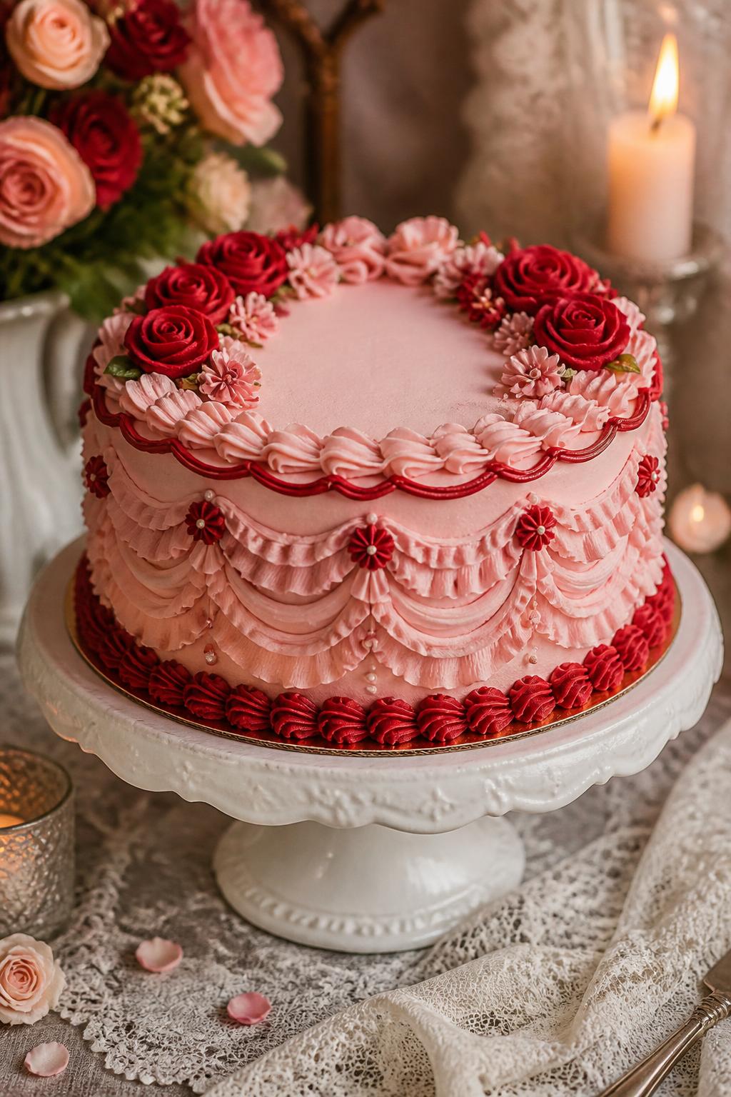 Detailed Image Prompt:
A beautiful vintage cake with blush pink buttercream ruffles, deep red buttercream roses, ornate piped borders, and a soft romantic finish, styled on a white cake stand with lace and candle details nearby, editorial dessert photography, no people, realistic DSLR quality, no watermarks on images.
