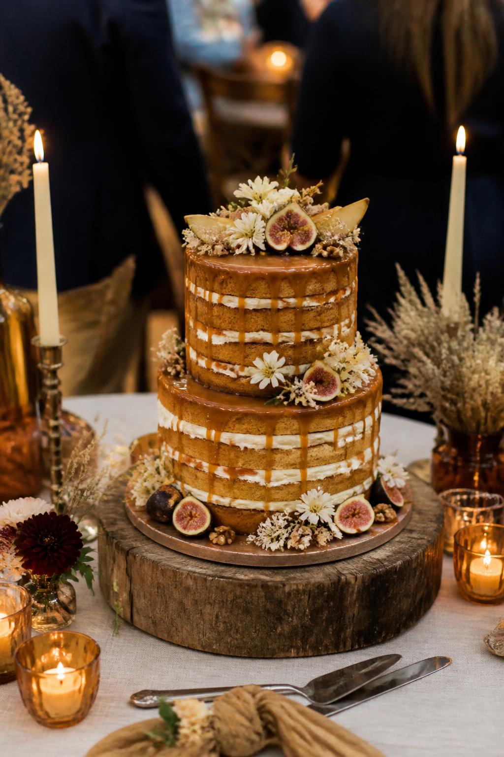 Image Prompt: Ultra-realistic wedding reception photo of a naked wedding cake with visible sponge layers, creamy filling, and a smooth caramel drip running gently down the sides. Decorate the cake with figs, pear slices, small white flowers, dried floral touches, and a few nuts for a warm seasonal wedding style. Place it on a rustic cake table at a fall wedding party scene with candles, amber glassware, neutral linens, and soft reception lighting. No visible faces. If people appear, show only hands, back views, or cropped neck-down figures. Realistic caramel shine, cake layers, and DSLR wedding photography. (no watermarks on images)