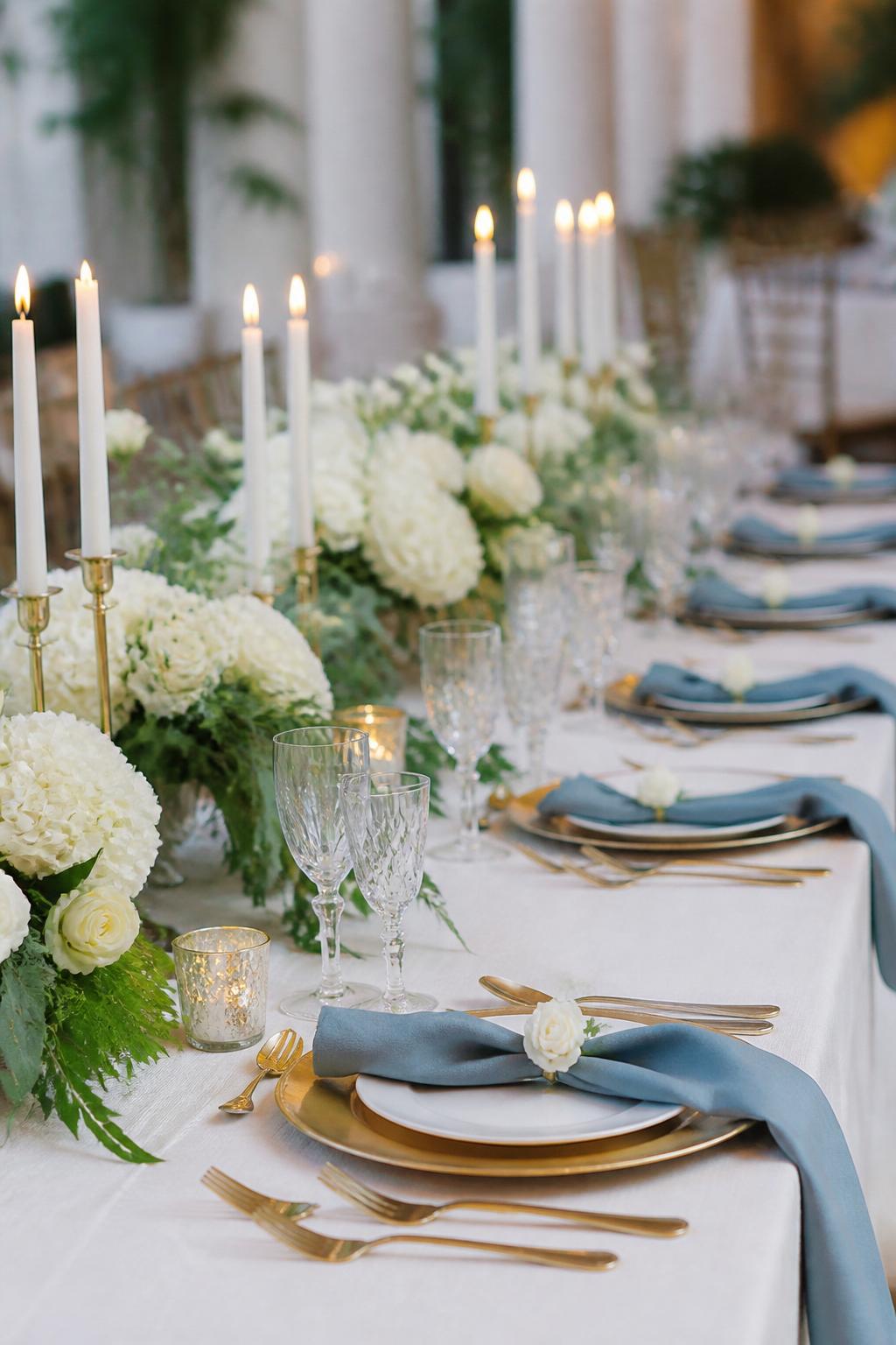 Image Prompt:
A professional editorial wedding reception photo showing a long rectangle wedding table styled with dusty blue linen napkins, white roses, white hydrangeas, soft greenery, ivory taper candles, white plates, gold flatware, and clear crystal glasses. Elegant indoor or garden wedding reception setting, no visible faces, no full people, table-focused composition, realistic DSLR wedding photography, no text, no watermark, (no watermarks on images)