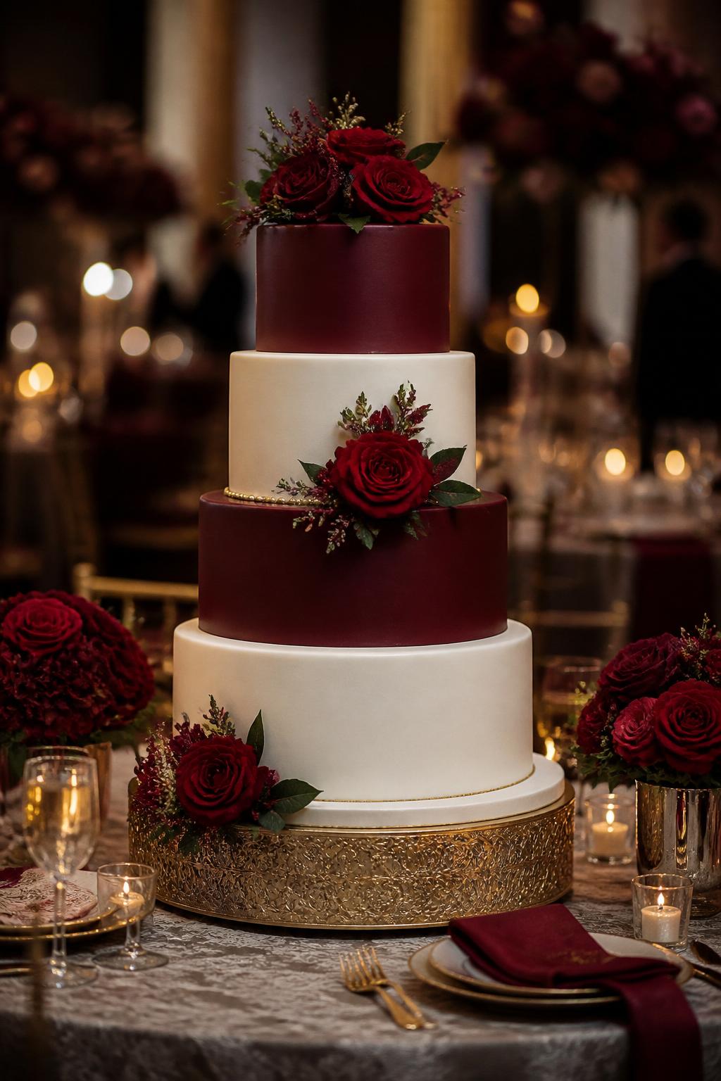 Image Prompt: Ultra-realistic wedding party scene featuring a burgundy and white wedding cake with smooth burgundy and ivory tiers, fresh red roses, and subtle gold or pearl details. Place the cake on an elegant reception cake table with candles, burgundy and red floral centerpieces, champagne glasses, fine linens, and a softly blurred formal wedding venue background. Keep the cake front and center. No visible faces. If people appear, show only hands, back views, side views in blur, or cropped neck-down figures. Realistic burgundy icing tone, red rose texture, warm romantic DSLR lighting. (no watermarks on images)