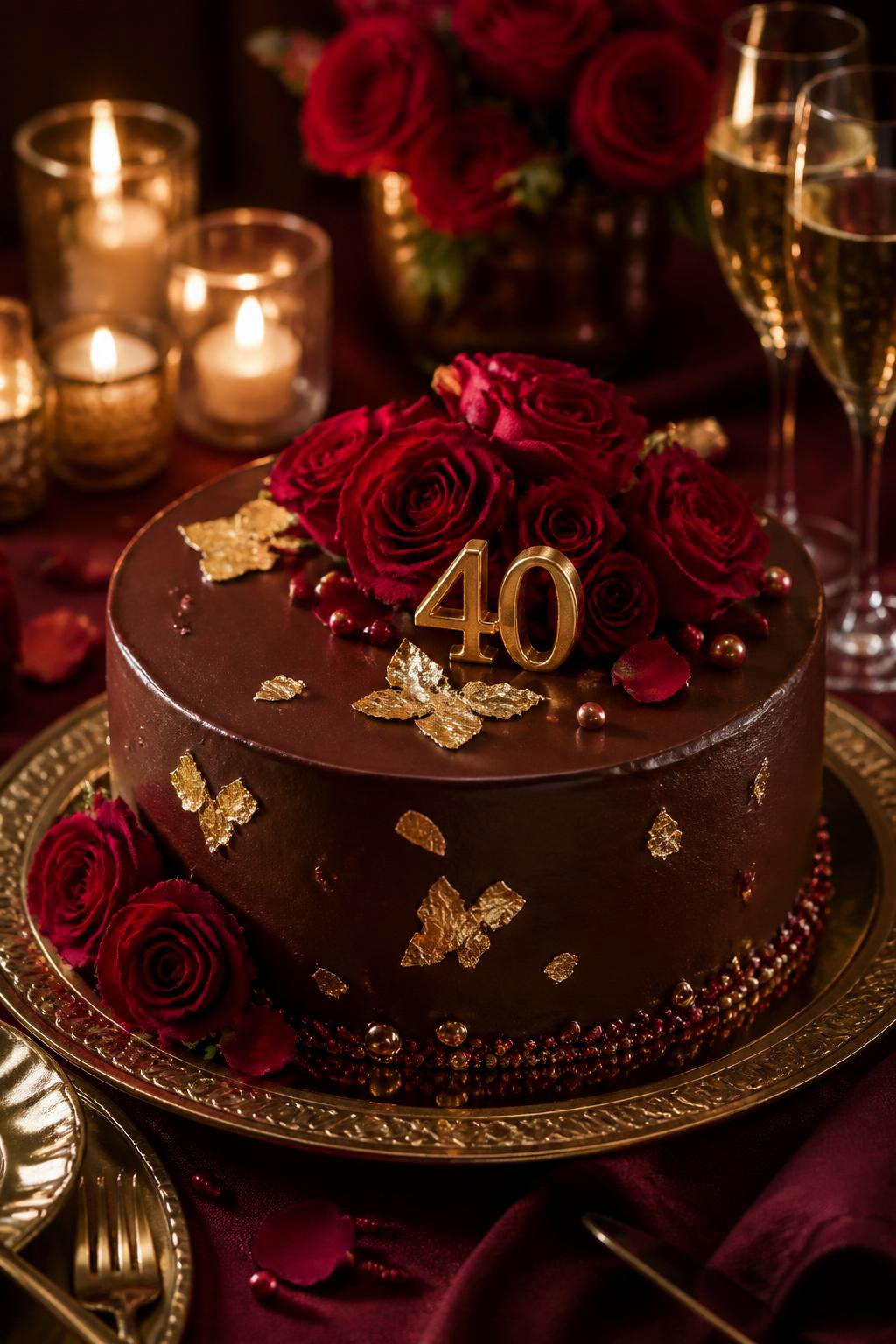 Image Prompt: A rich chocolate ruby wedding anniversary cake with smooth chocolate ganache, ruby red roses, edible gold leaf, pearl accents, and a small gold “40” topper. Style it on a warm dessert table with candles, champagne glasses, red rose petals, and dark romantic linen. Make it cozy, rich, and realistic, no people, no faces, no text overlay, no watermark. (no watermarks on images)