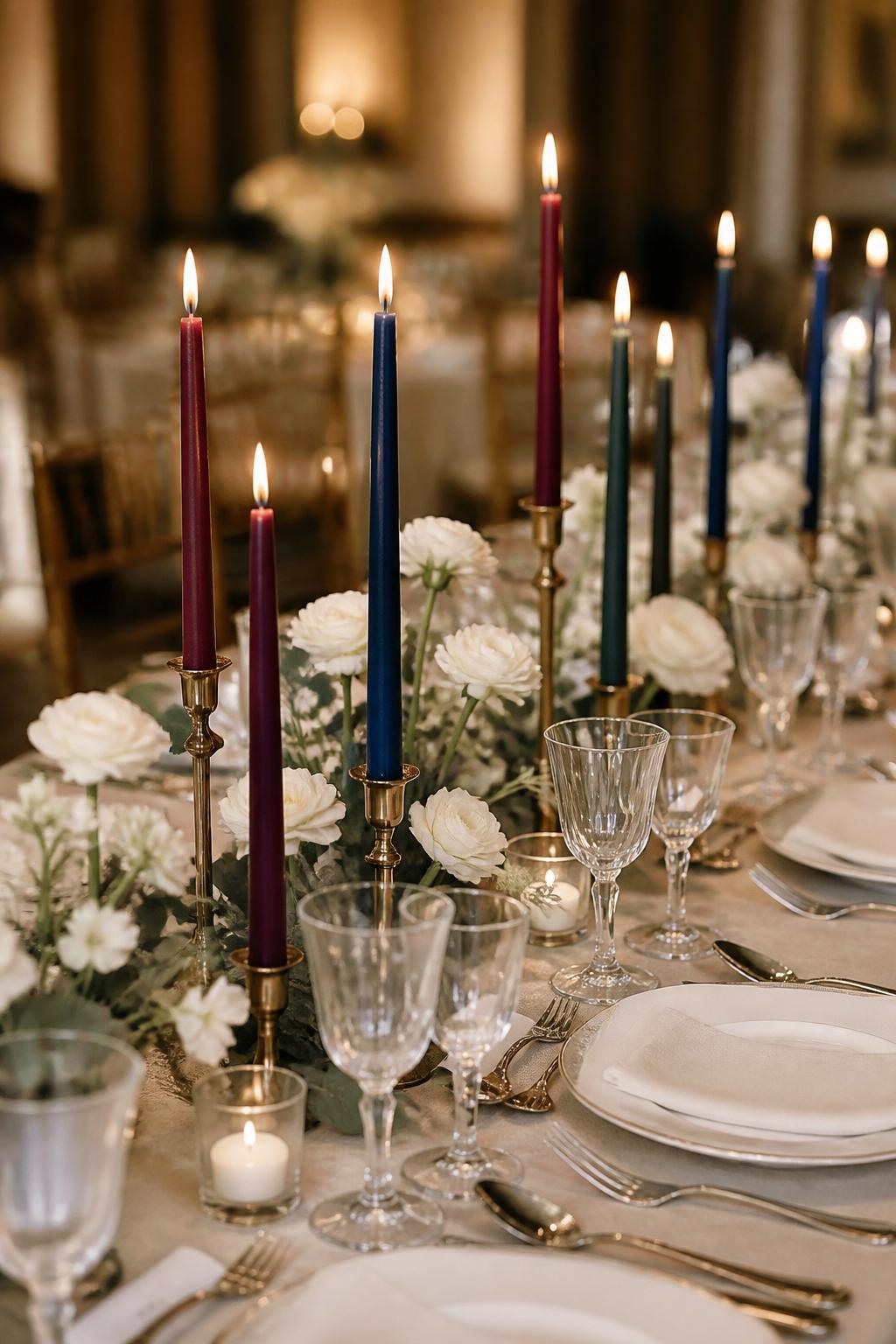 Image Prompt:
A creative wedding reception table showing taper candles in mixed jewel tones including emerald, burgundy, sapphire, plum, and deep teal, paired with simple white flowers, clear glassware, white plates, polished flatware, and neutral linen. Elegant reception setting, no visible faces, no text, no watermark, realistic editorial photography, (no watermarks on images)
