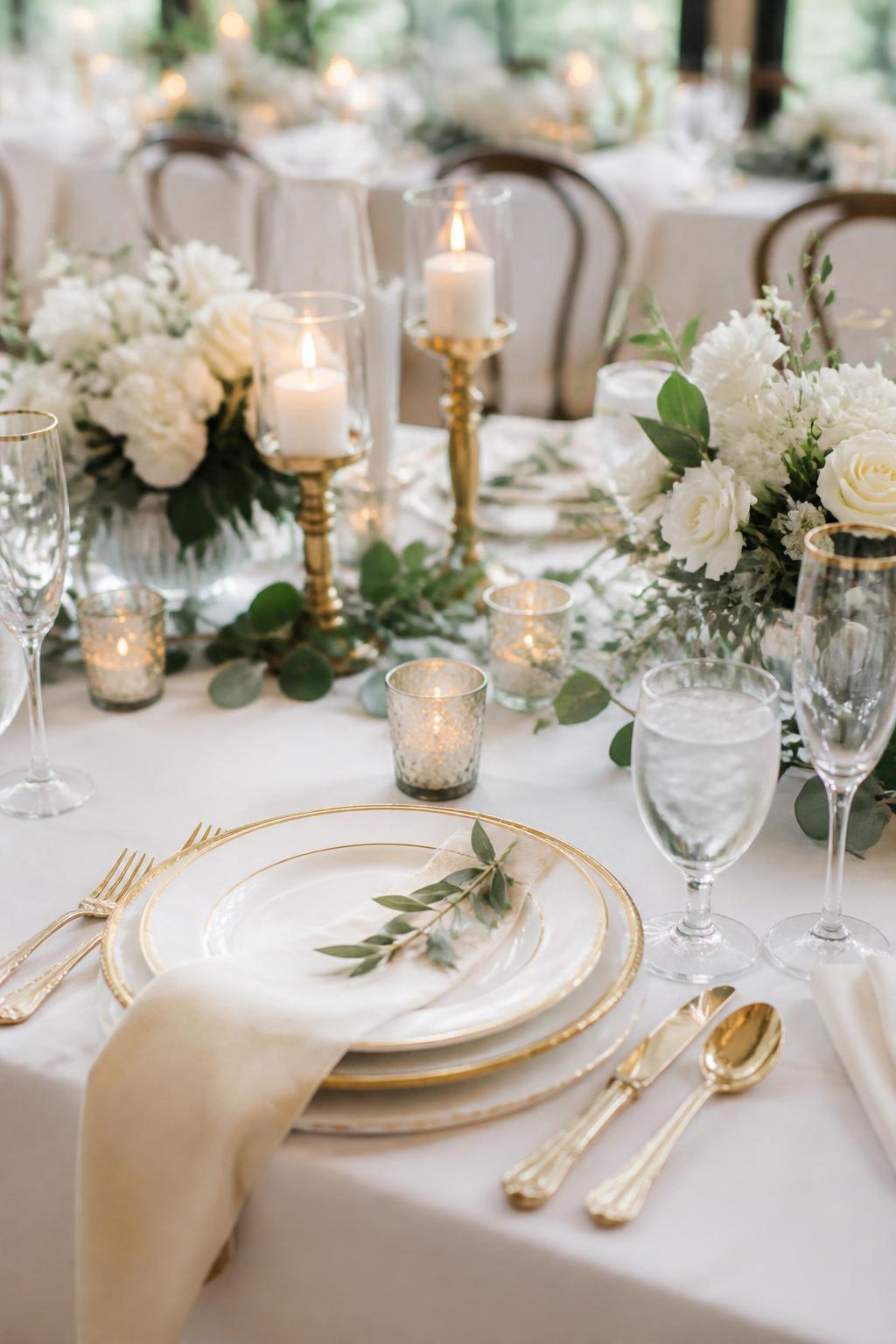 Image Prompt:
A romantic wedding reception table styled with gold rimmed plates, soft greenery, white roses, ivory candles, clear glasses, gold flatware, and white linen. Garden or indoor reception setting with soft natural light, no visible faces, no text, no watermark, realistic editorial wedding photography, (no watermarks on images)
