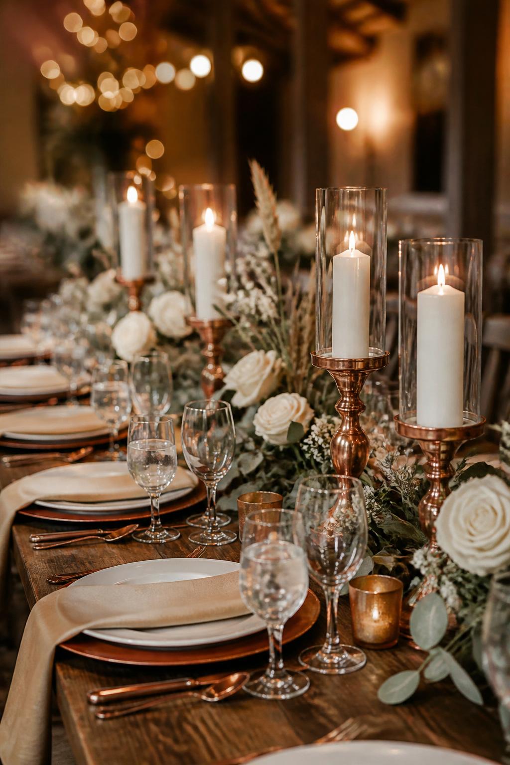 Image Prompt:
An elegant autumn wedding reception table featuring copper candle holders, copper-toned accents, white plates, ivory flowers, soft greenery, linen napkins, clear glassware, and warm candlelight. Cozy fall indoor or barn wedding setting, no visible faces, no text, no watermark, professional DSLR wedding photography, (no watermarks on images)
