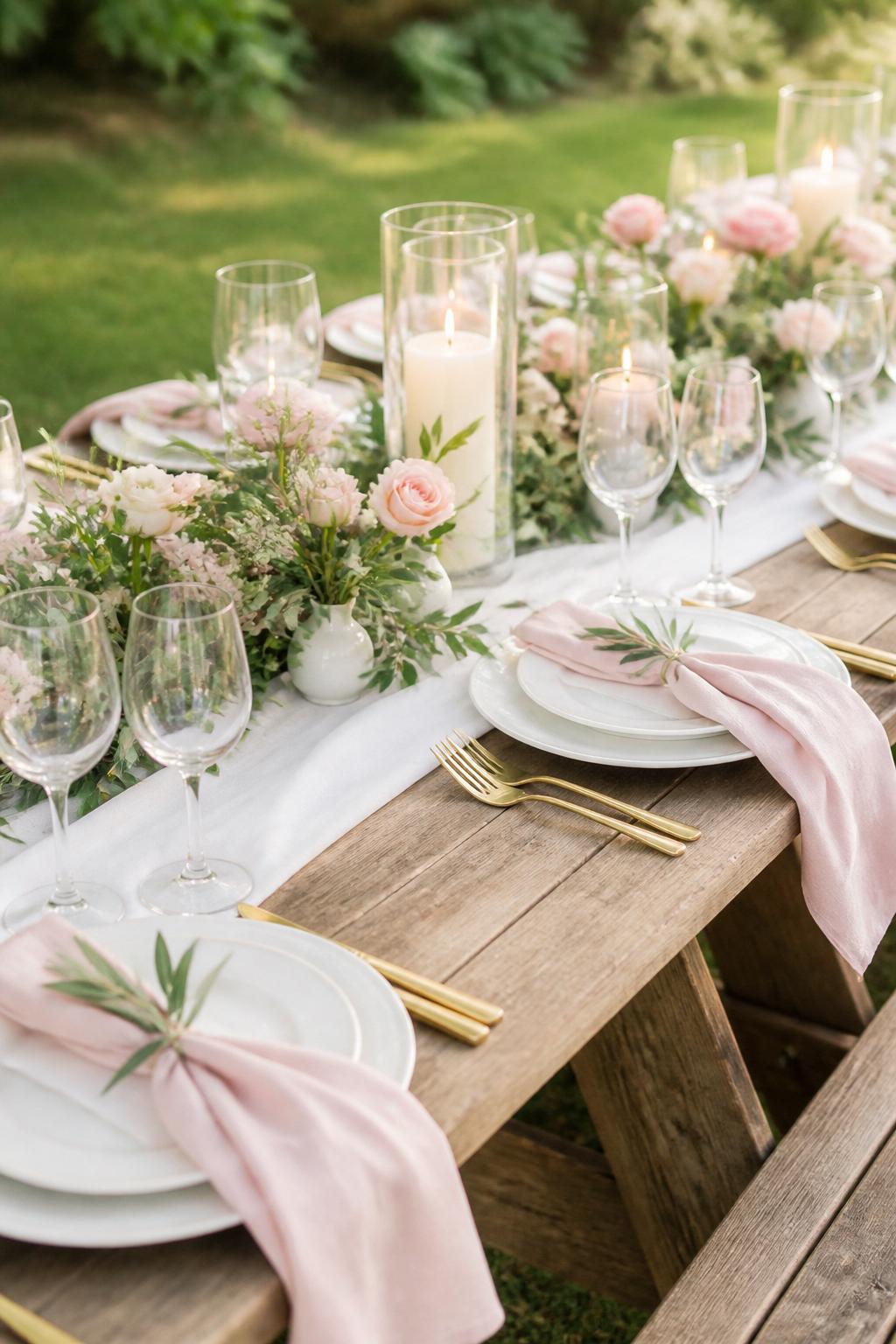 Image Prompt:
A romantic wedding picnic table photo showing soft pink linen napkins, blush flowers, ivory candles, white plates, clear glassware, fresh greenery, and a simple white runner on a wooden picnic table. Outdoor garden reception setting with soft natural light, no visible faces, no text, no watermark, professional editorial wedding photography, (no watermarks on images)