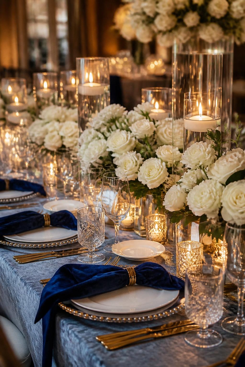 Image Prompt:
An elegant wedding table photo featuring blue velvet napkins, clustered candles in clear glass holders, white floral centerpieces, white plates, gold flatware, and crystal glasses. Warm romantic reception setting, no visible faces, no full people, no text, no watermark, realistic wedding magazine photography, (no watermarks on images)