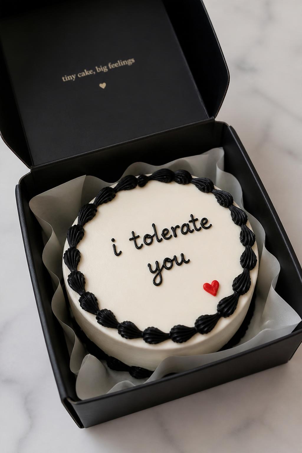 Image Prompt:
A funny romantic bento cake inside an open black bento cake box, smooth white frosting, black piped border, handwritten icing text reading “i tolerate you,” tiny red heart in the corner, clean modern dessert styling, soft studio light, realistic close-up bakery photography, no people, no hands, no faces, no watermarks on images