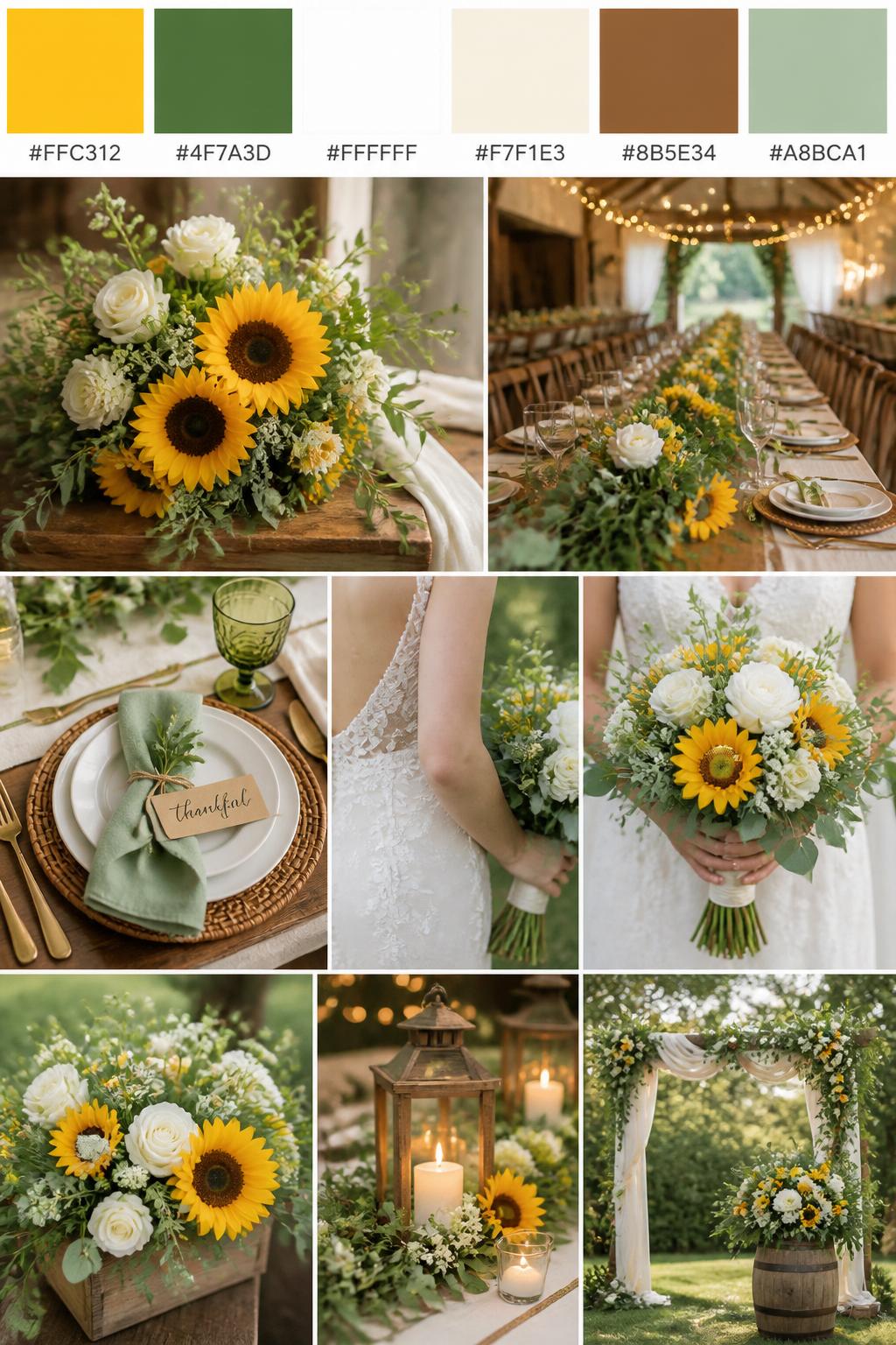 A realistic wedding palette board featuring a top row of color swatches and hex codes in sunflower yellow, leaf green, white, cream, warm brown, and soft sage. Below, show a fresh collage of wedding visuals: sunflower-inspired blooms, white flowers, green foliage, rustic place settings, cropped dress detail shots, bouquet styling in hands-only composition, and no-people reception tables in a garden or barn setting. Avoid showing faces by using back angles, side crops, waist-up detail framing, and no-people scenes. The collage should feel bright, rustic, romantic, and wedding-ready with DSLR-quality detail. 9:16 vertical format. (no watermarks on images)